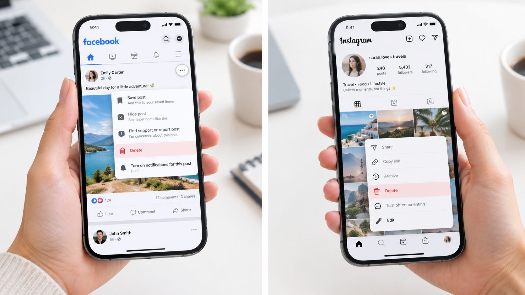 A person holding a phone showing menu options to delete social media posts on Facebook and Instagram.