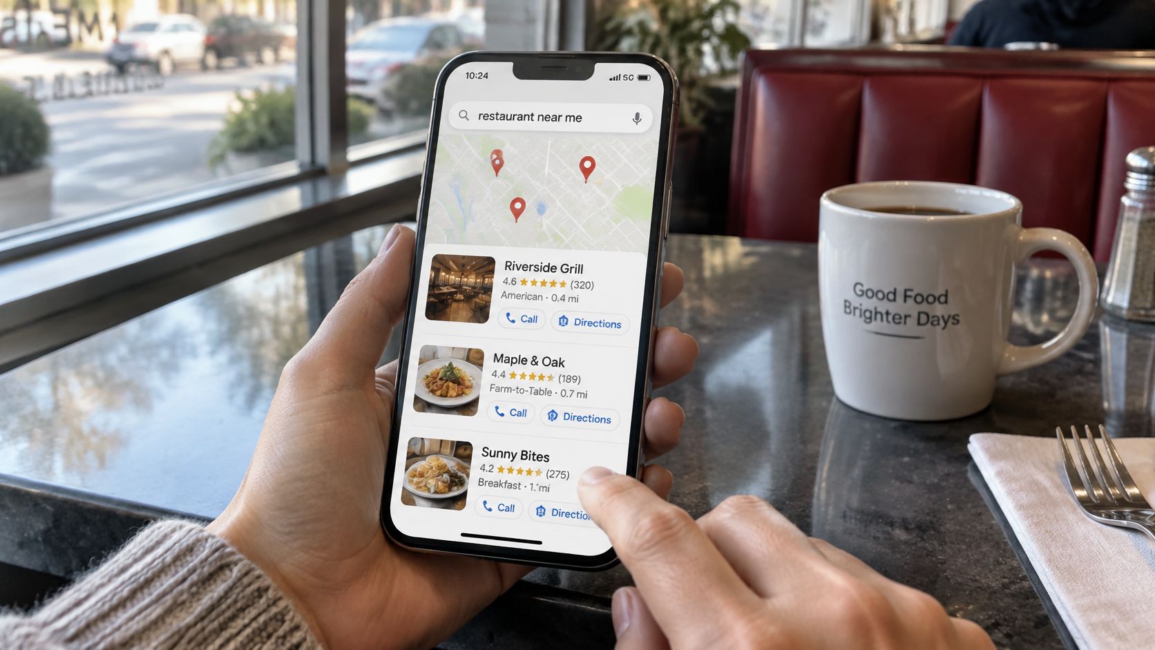 A person using a smartphone to look at restaurant listings on Google Maps while dining in a cafe.