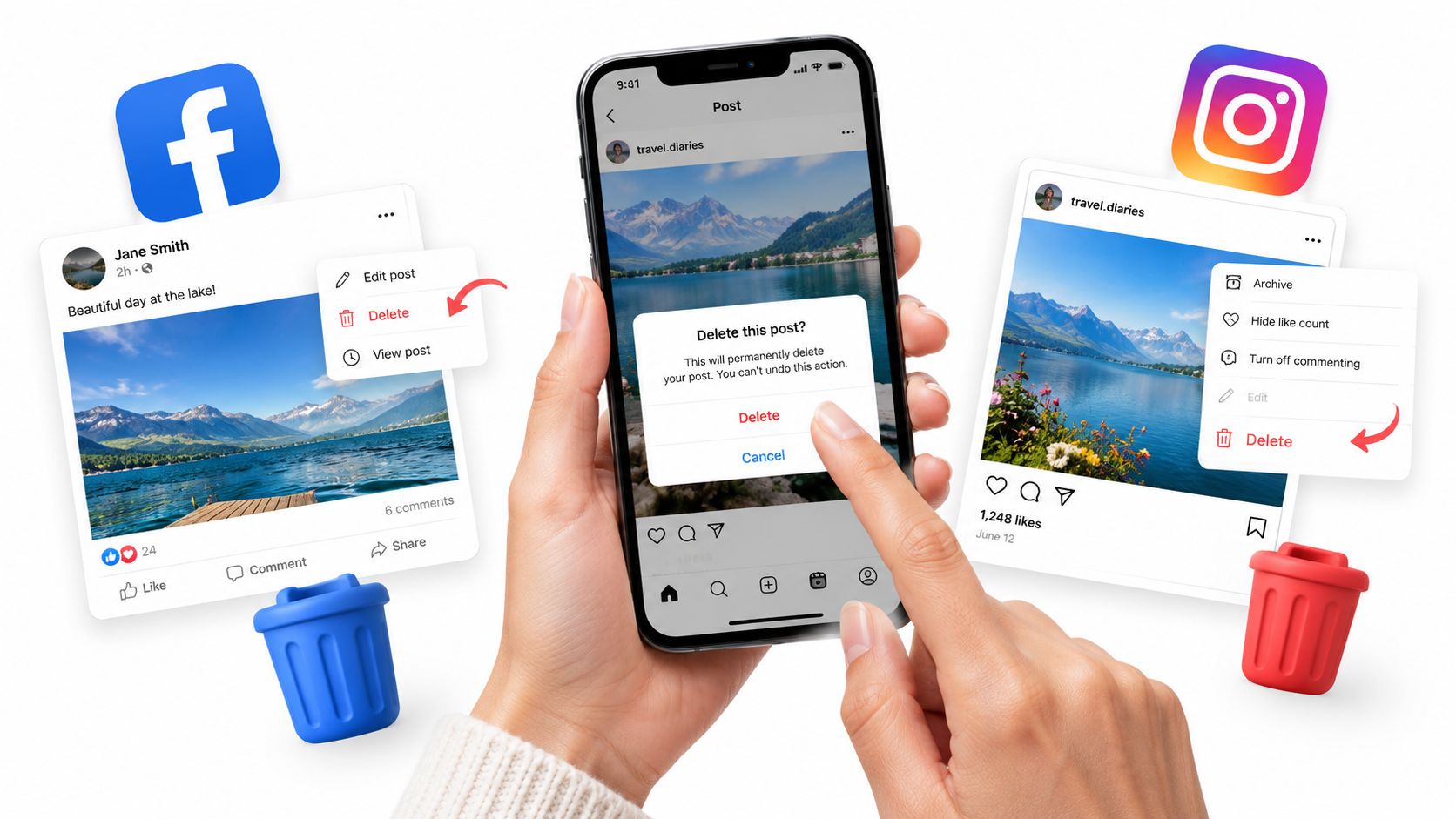 A person deleting social media posts on a smartphone, showing options for Facebook and Instagram accounts.