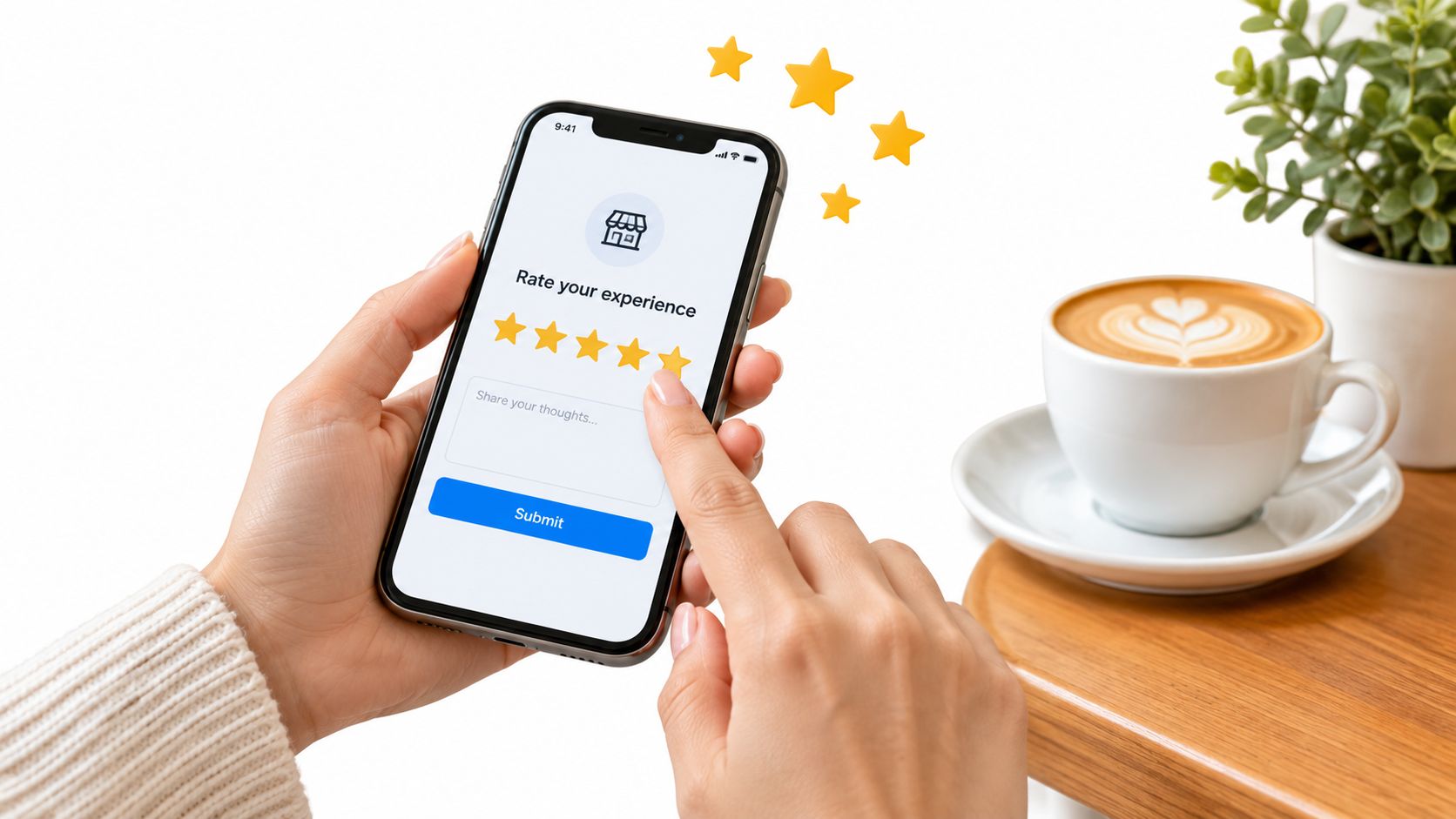A person using a smartphone to leave a five-star customer review for a local business.