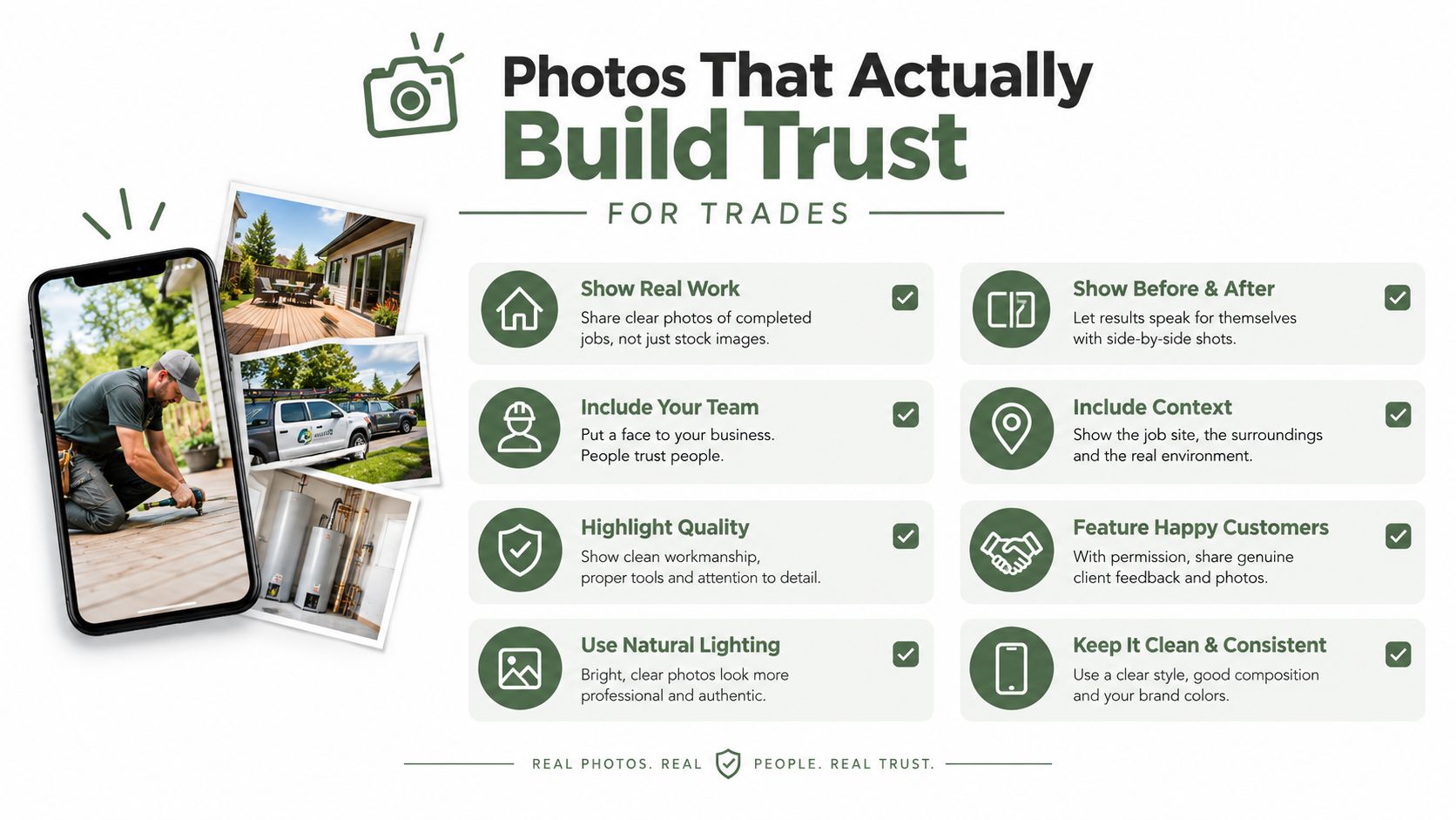 An infographic showing tips for tradespeople to build customer trust using authentic and high-quality business photos.