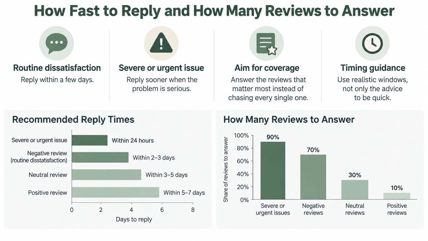 An infographic showing recommended timelines and response rates for managing different types of online customer reviews.