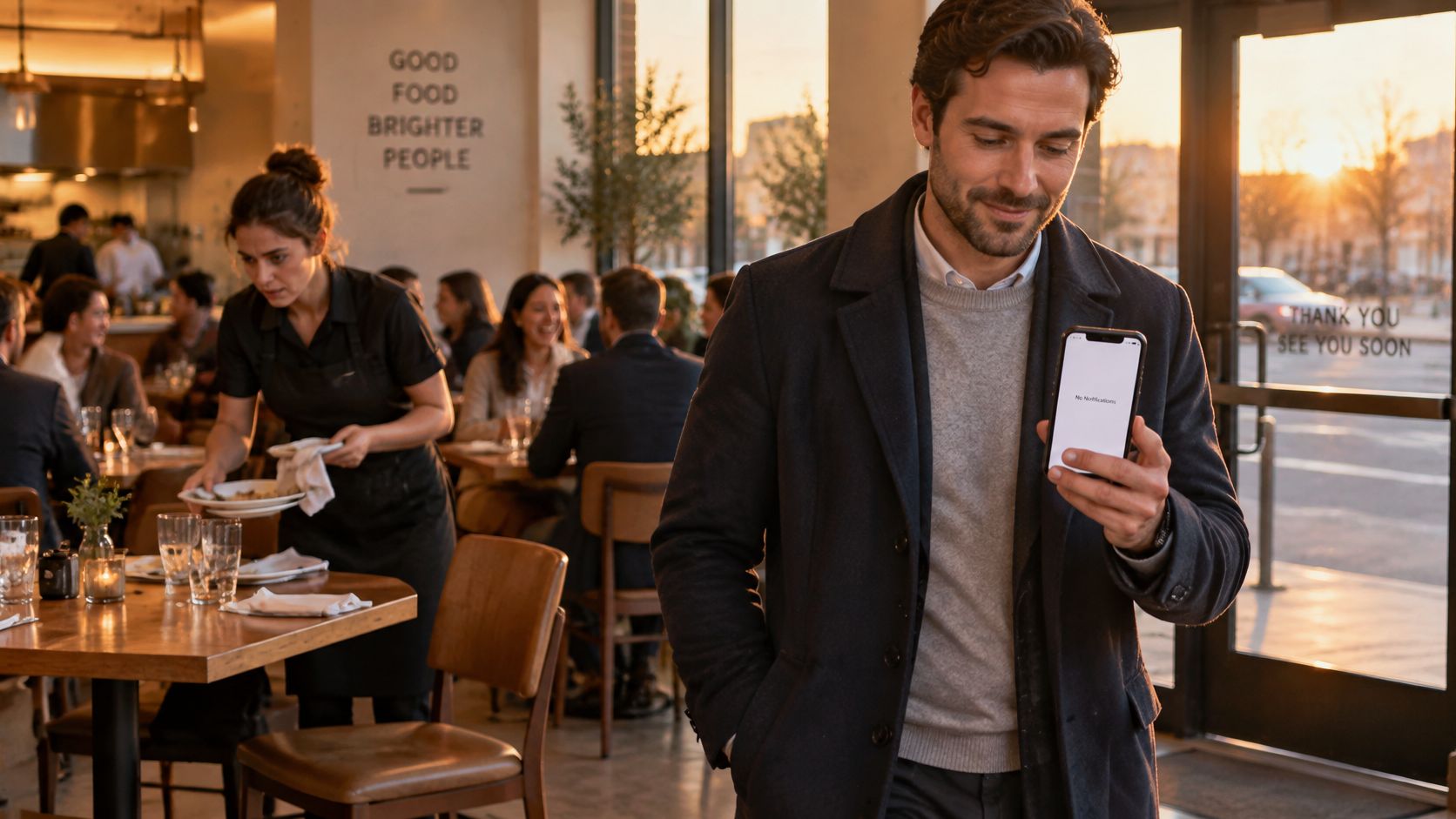 A man looking at a smartphone with no notifications while walking through a busy modern restaurant