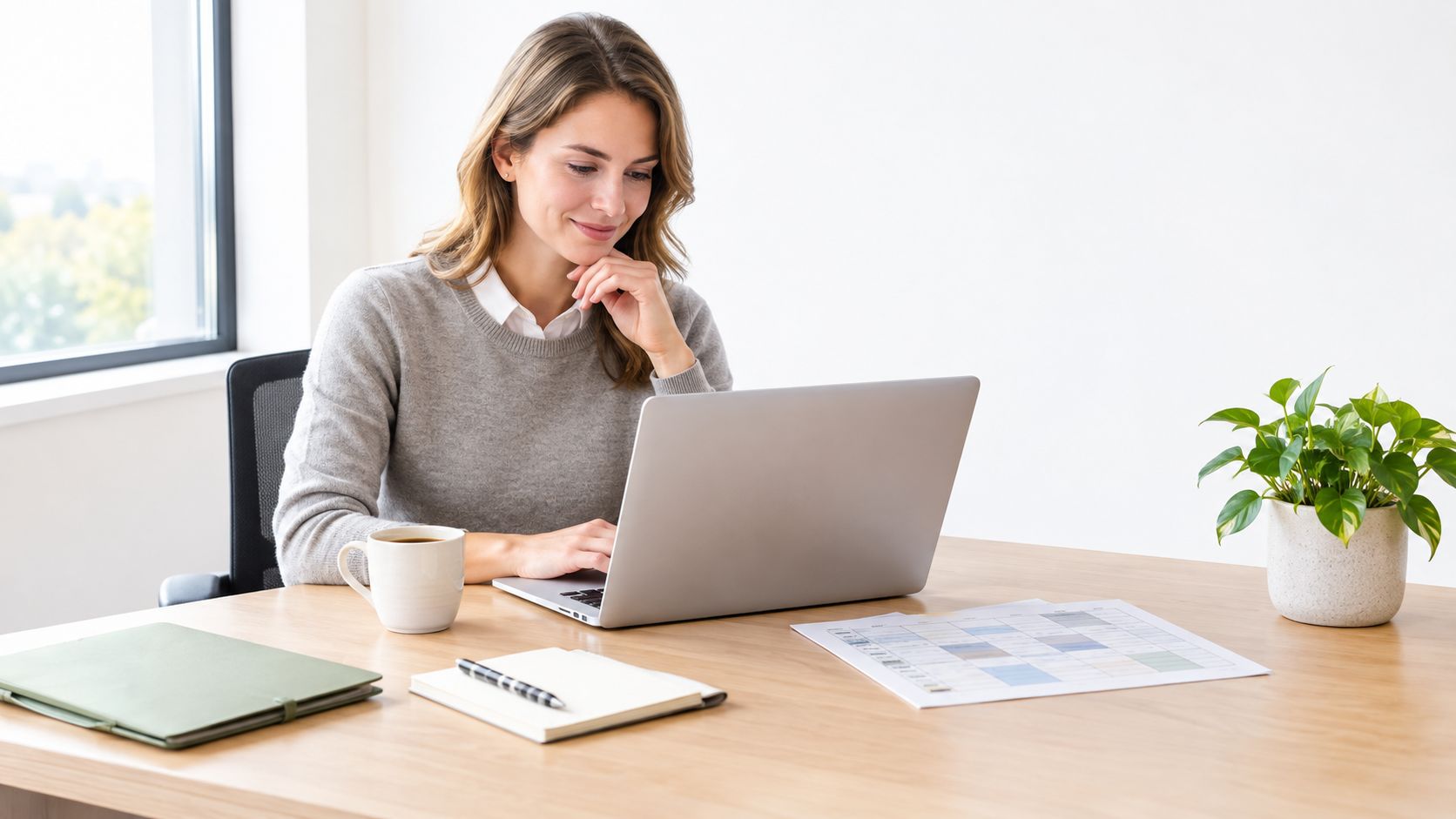 A professional woman working on a laptop at her desk with a coffee mug and planner