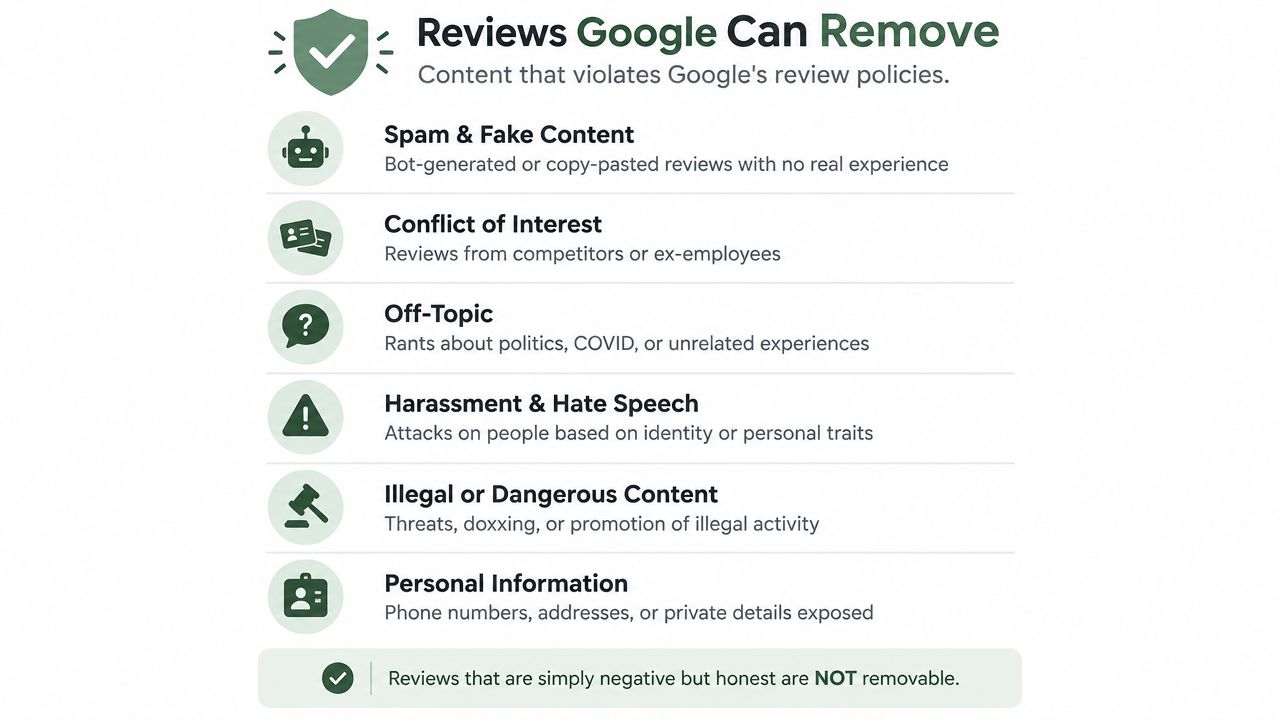 A guide listing the six types of Google reviews that can be removed for policy violations.