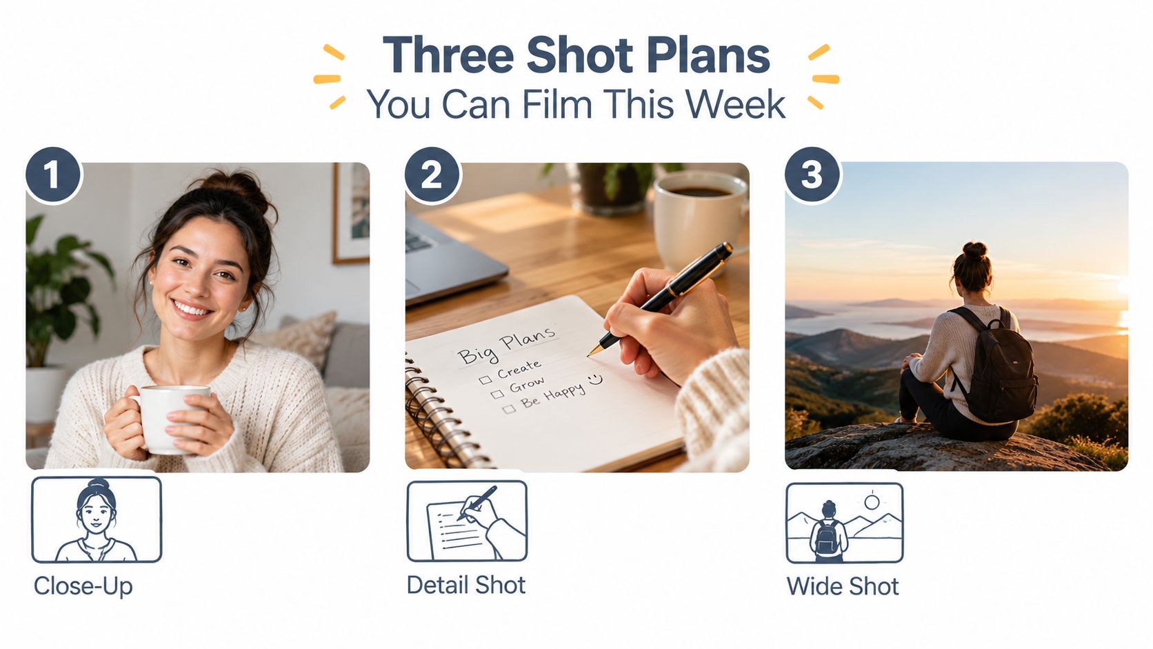 Three different types of shot plans including a close-up, detail shot, and wide shot for filming.