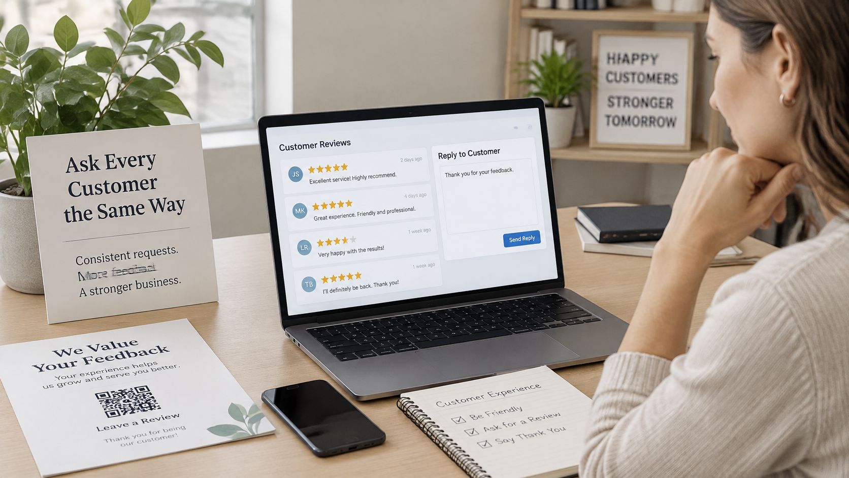 A professional desk workspace with a laptop displaying customer reviews and feedback management resources.