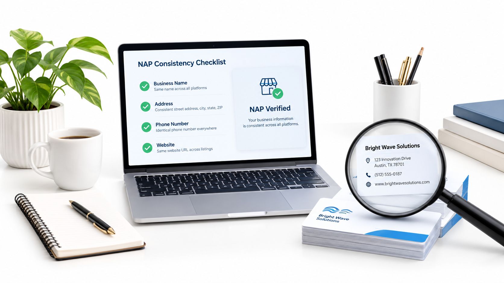 A laptop screen displaying a NAP consistency checklist for local SEO and business information verification.