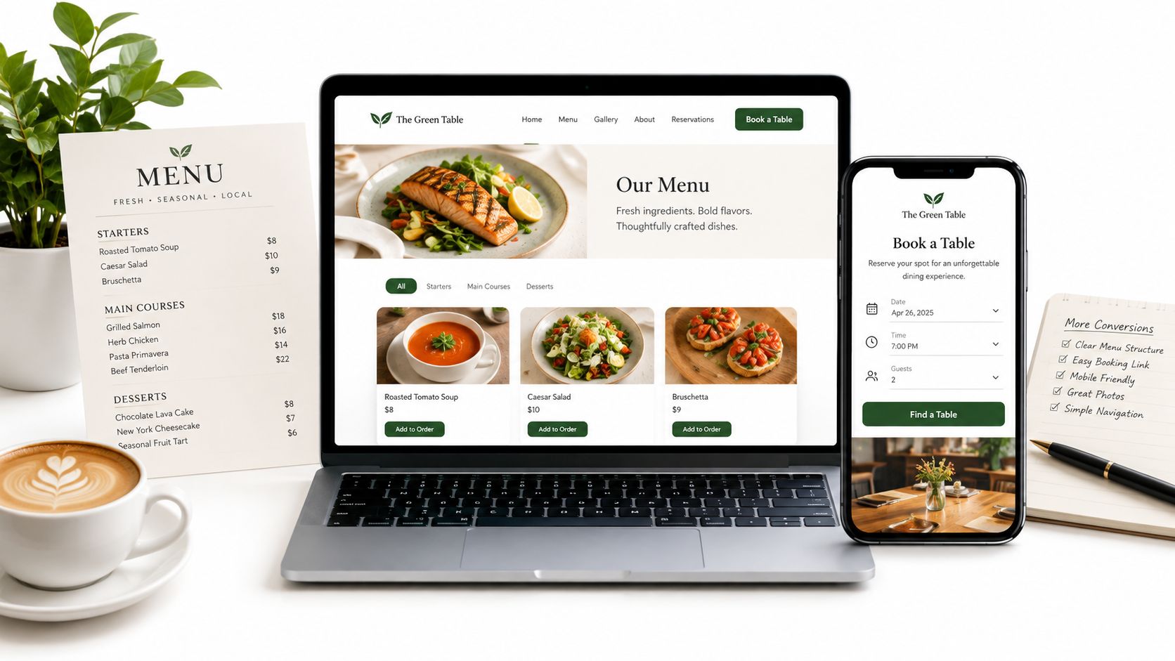 A professional website design for a restaurant featuring a menu, booking system, and laptop on a desk.