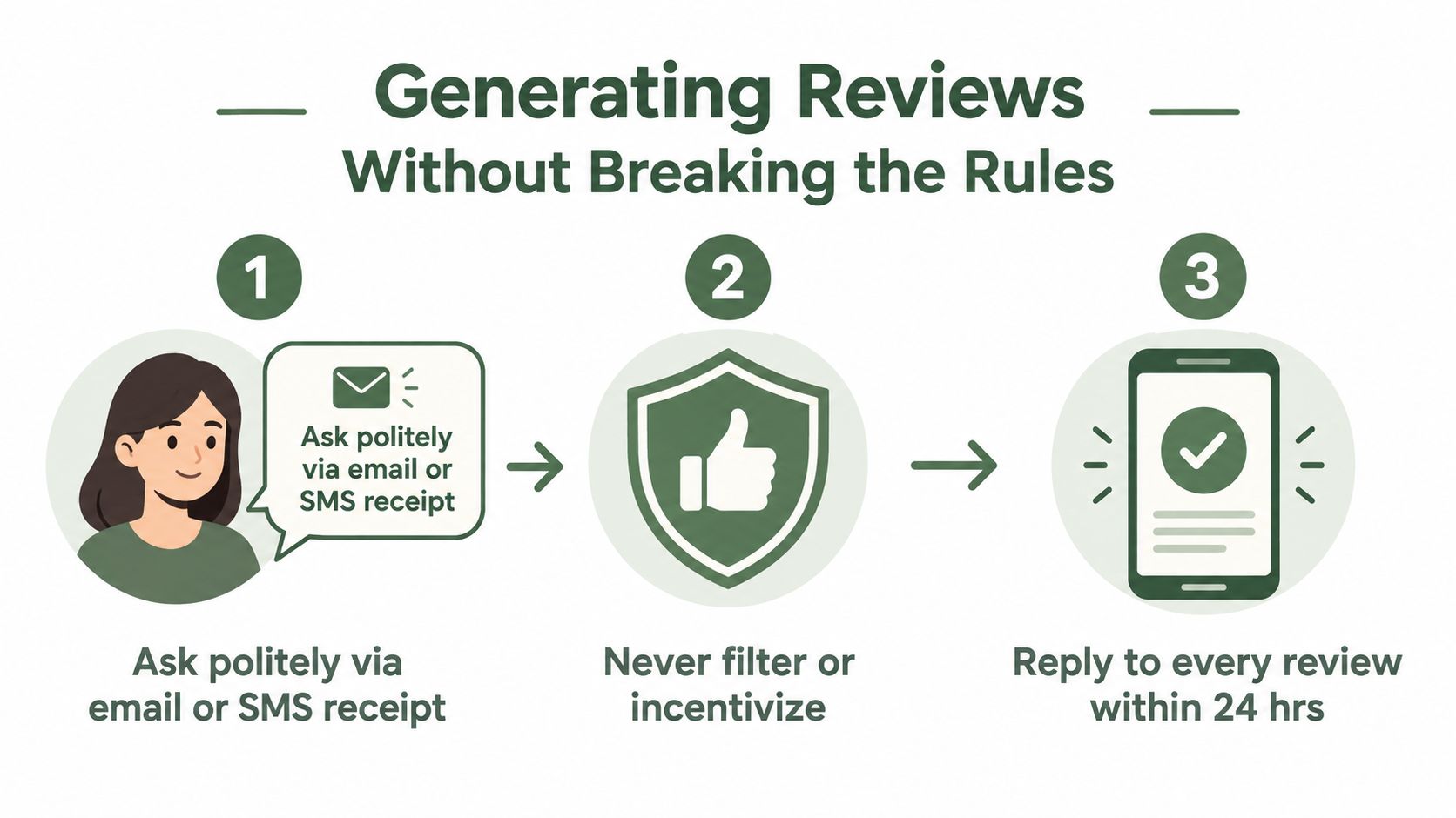 A three-step infographic showing how to generate customer reviews while following professional and ethical guidelines.