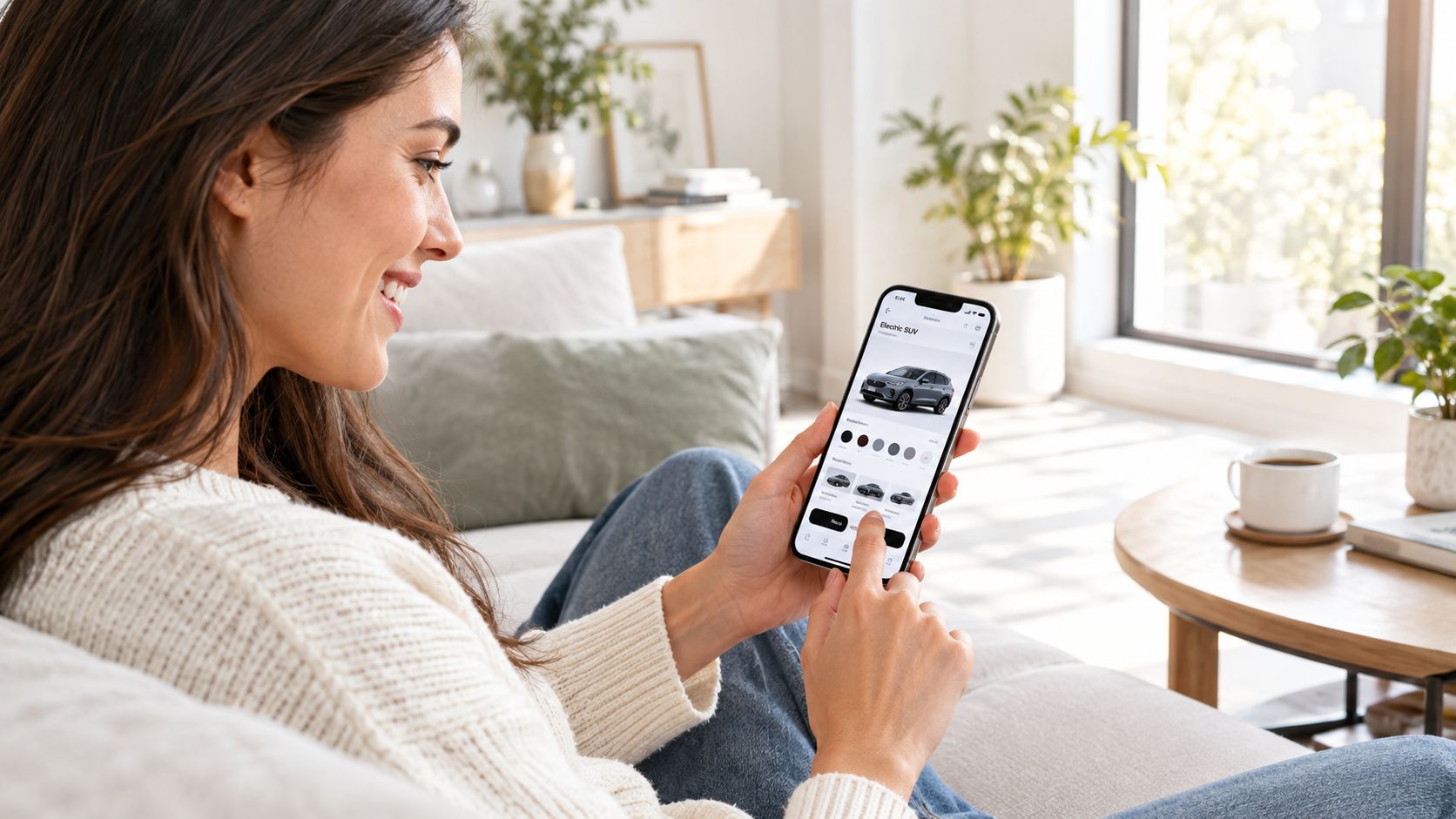 A happy woman relaxing on a sofa while browsing for a new electric SUV on her smartphone.