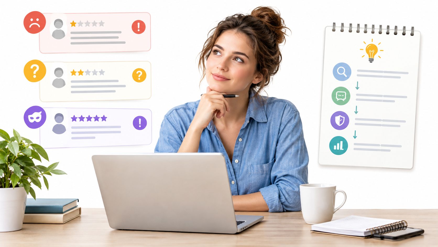 A woman thinking at her desk while analyzing online reviews and a business strategy checklist on screen.