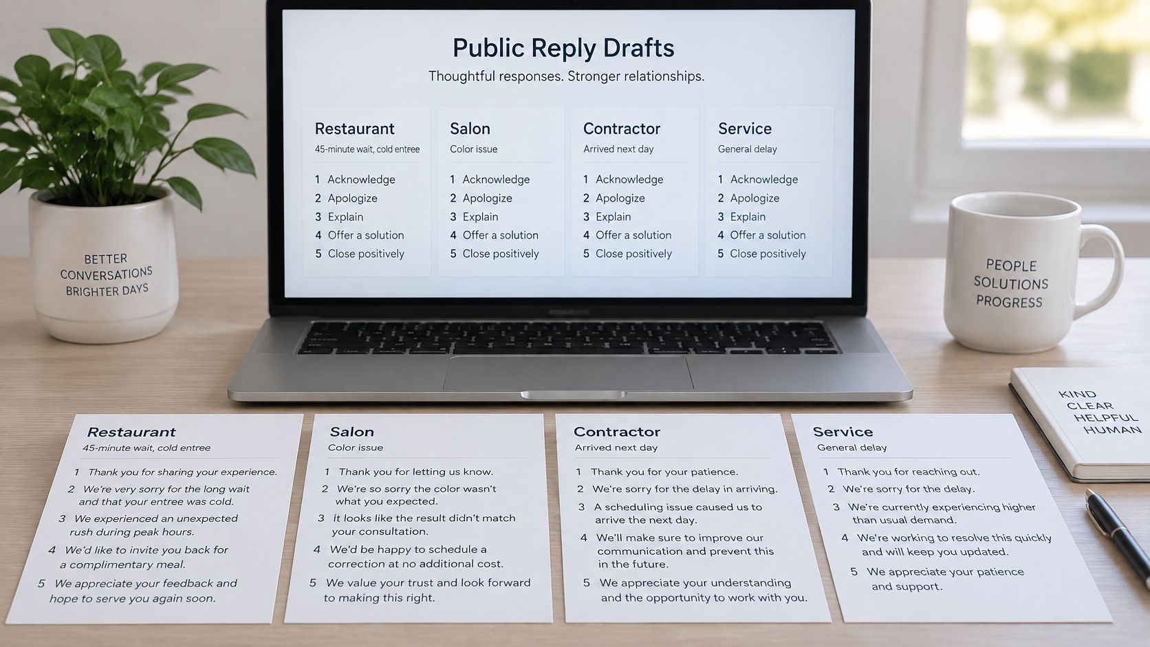 A laptop on a desk showing public reply draft templates for managing negative customer reviews across various industries.