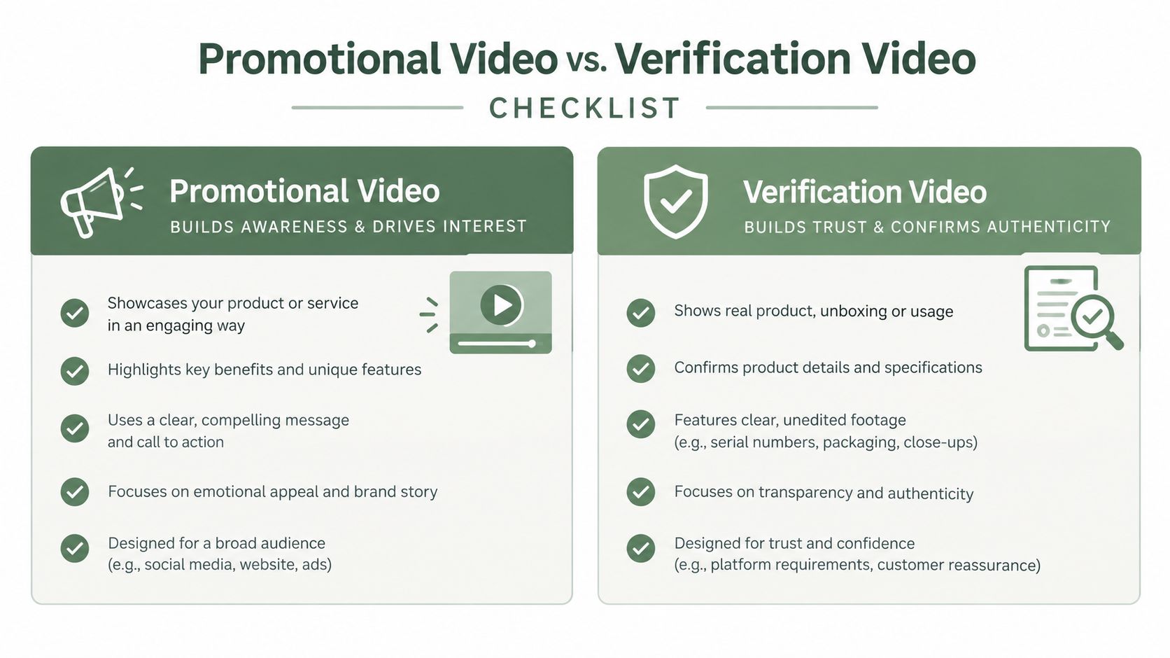 A comparison checklist infographic contrasting the purposes and key features of promotional videos and verification videos for businesses.