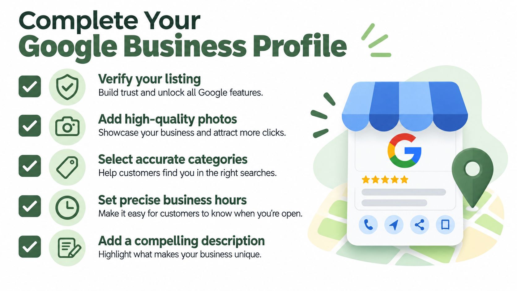 An infographic showing steps to complete a Google Business Profile for local SEO success.