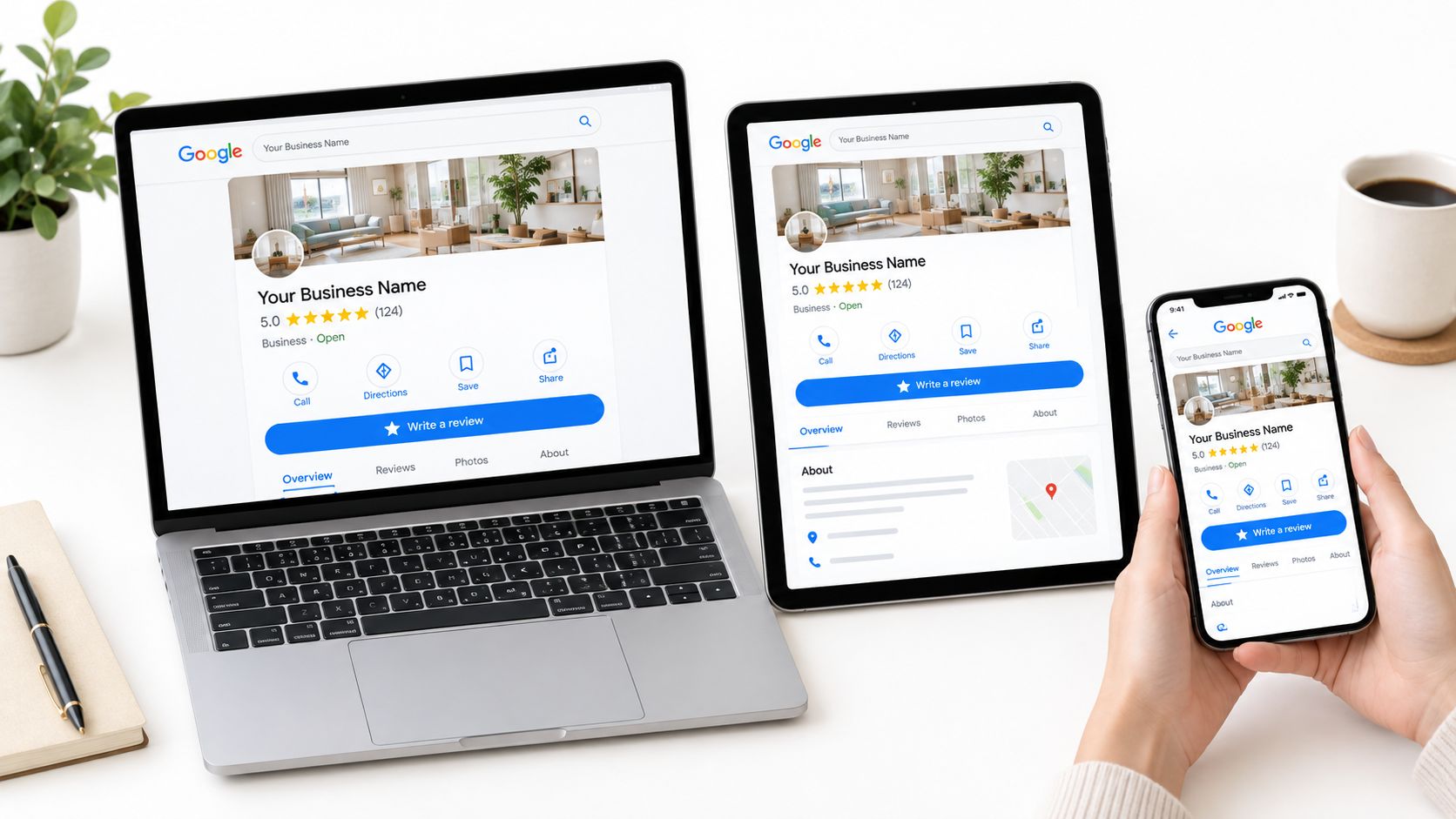 A laptop, tablet, and smartphone displaying a Google Business profile page for leaving customer reviews online.