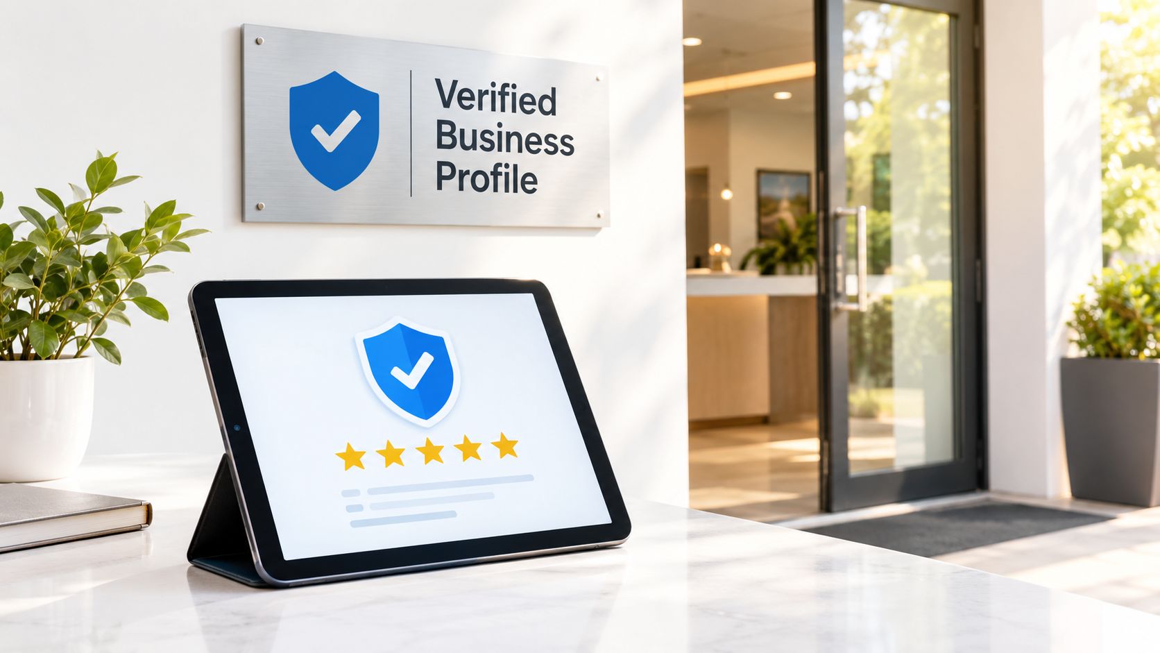 A digital tablet displaying a five-star review profile next to a sign for a verified business.