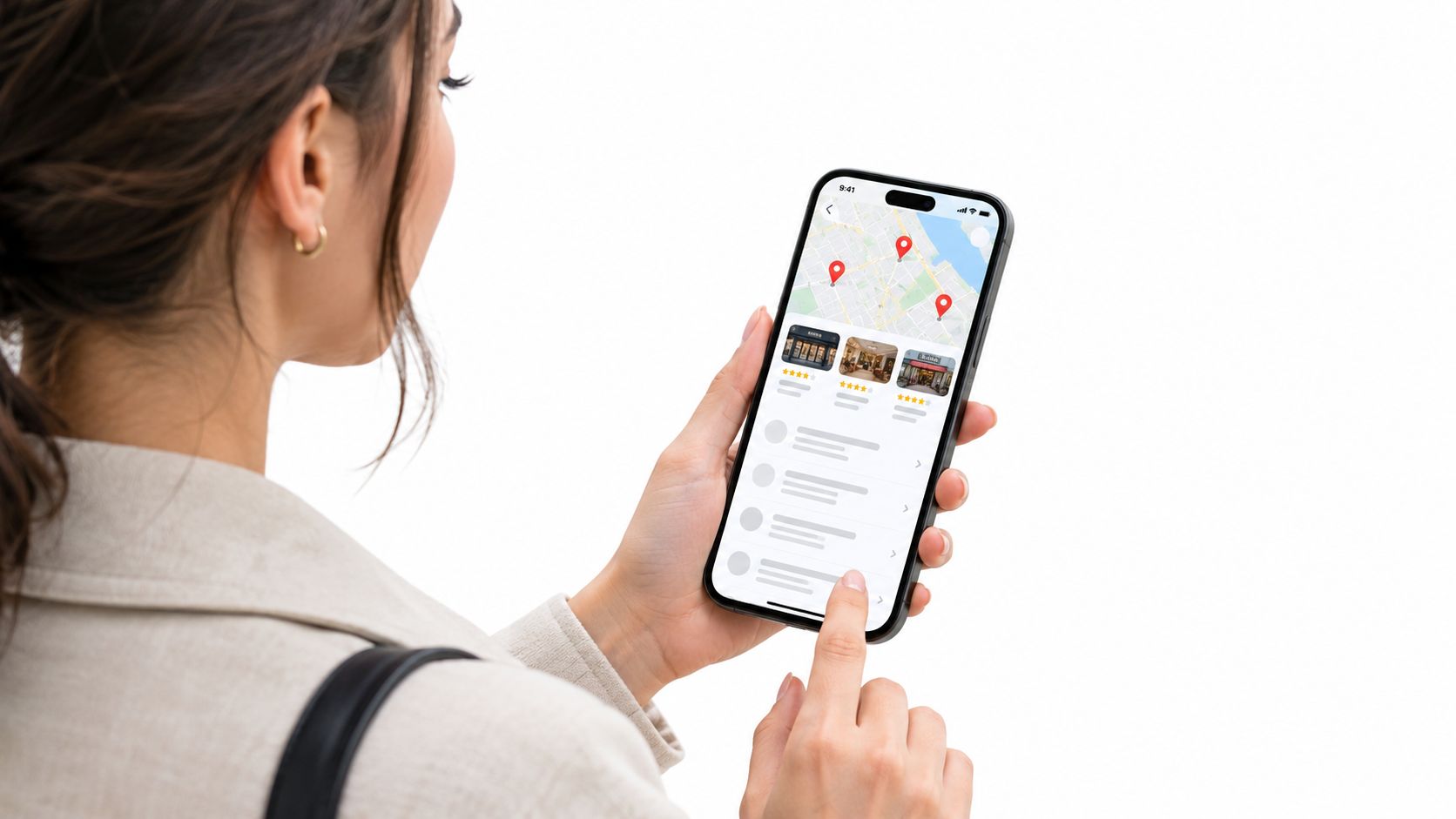 A woman holding a smartphone displaying a local business search result with map markers and ratings