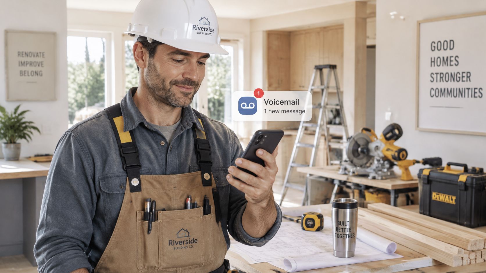 A construction worker in a hard hat holding a phone with a new voicemail notification on screen.