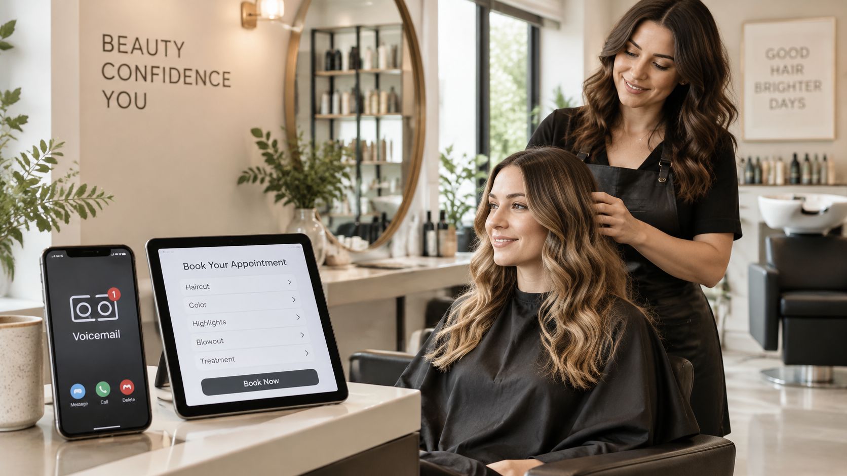 A professional hairstylist consulting with a client in a bright, modern salon with booking software displayed.