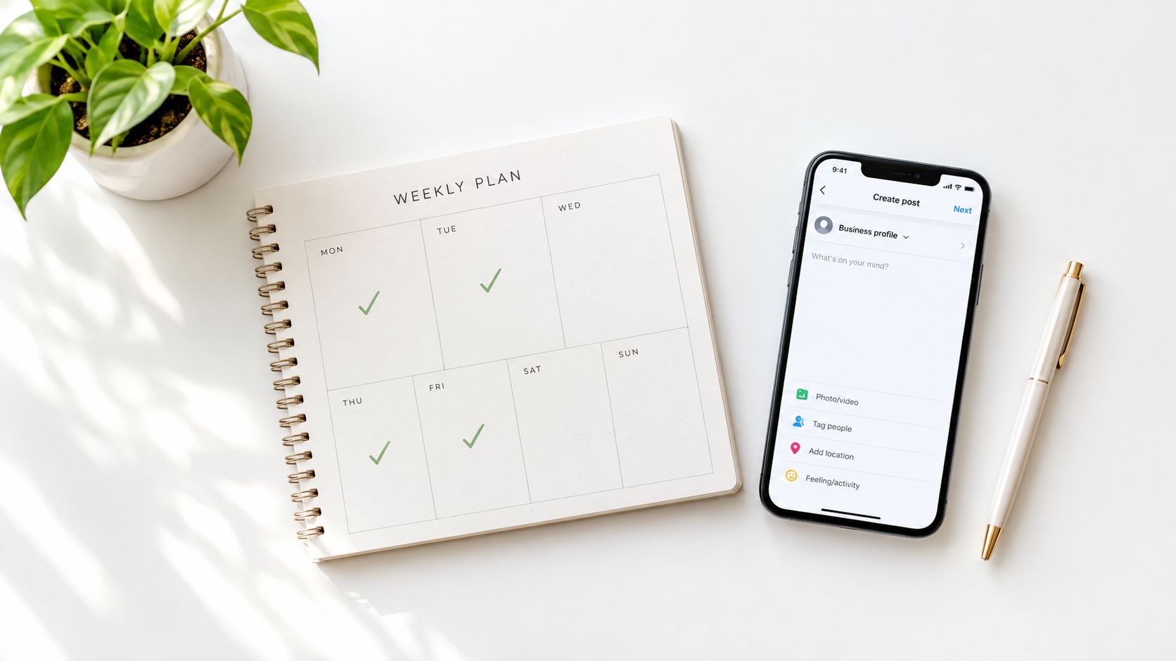 A top-down view of a weekly planner, a smartphone, and a pen arranged on a white desk.