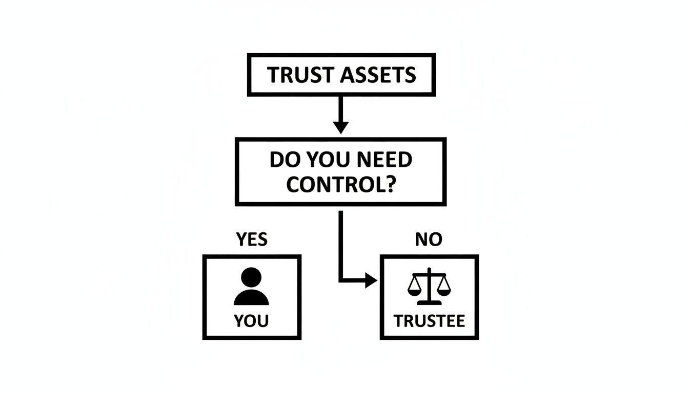 Flowchart illustrating the decision process for trust assets and who controls them based on needing control.