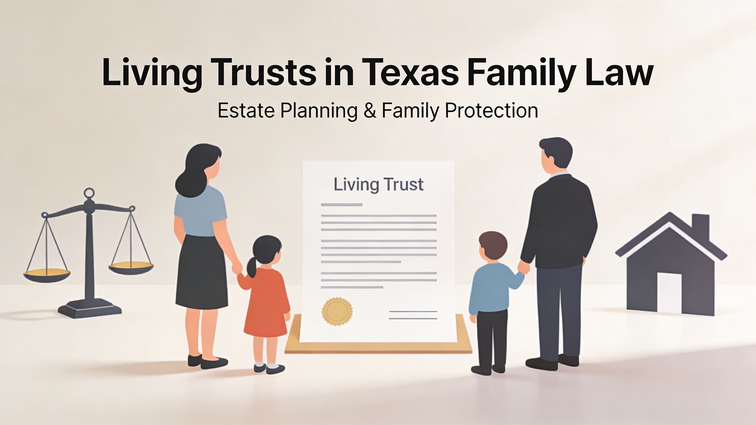 A family stands behind a large document labeled Living Trust with a scale and house icon.