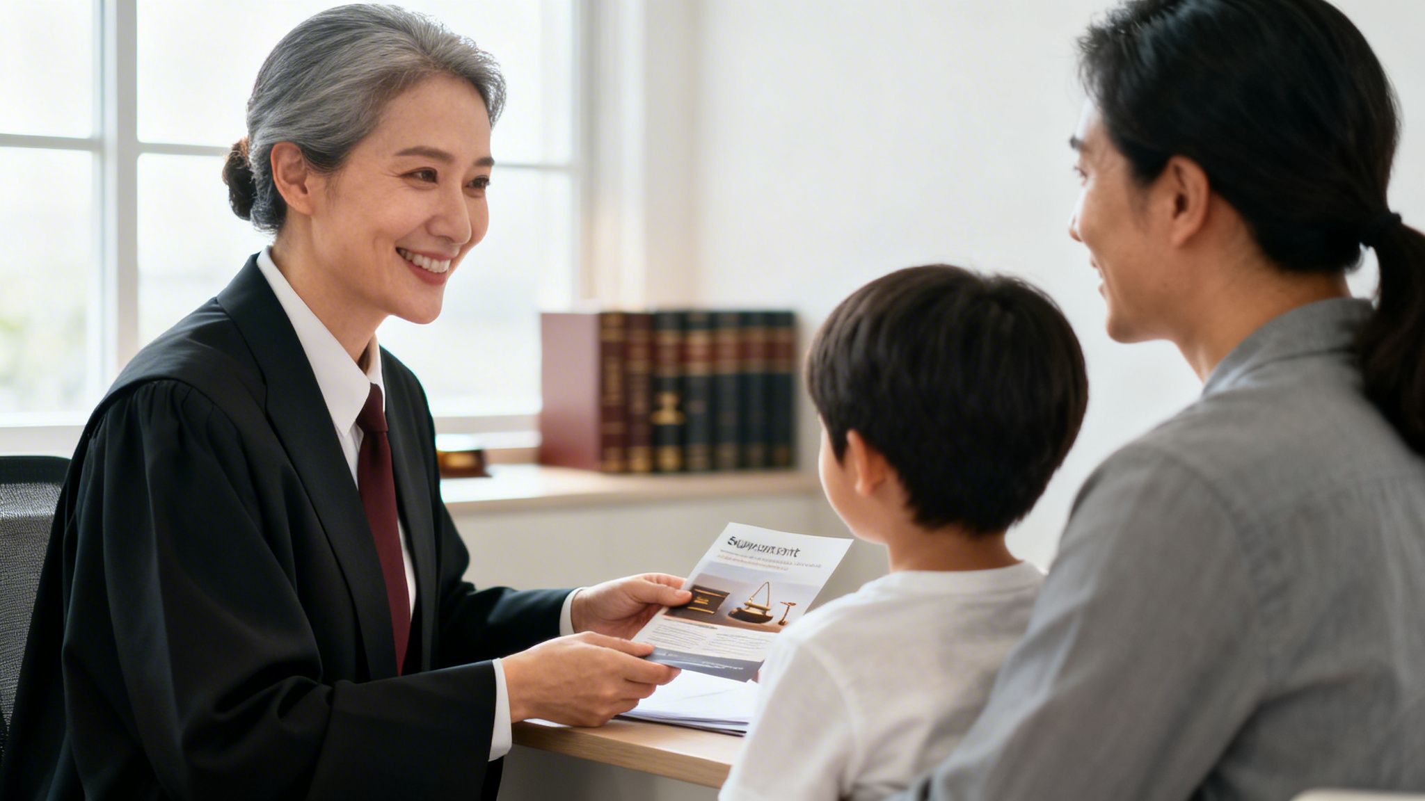 An Asian female judge in a black robe smiles, showing a legal brochure to a father and his child.