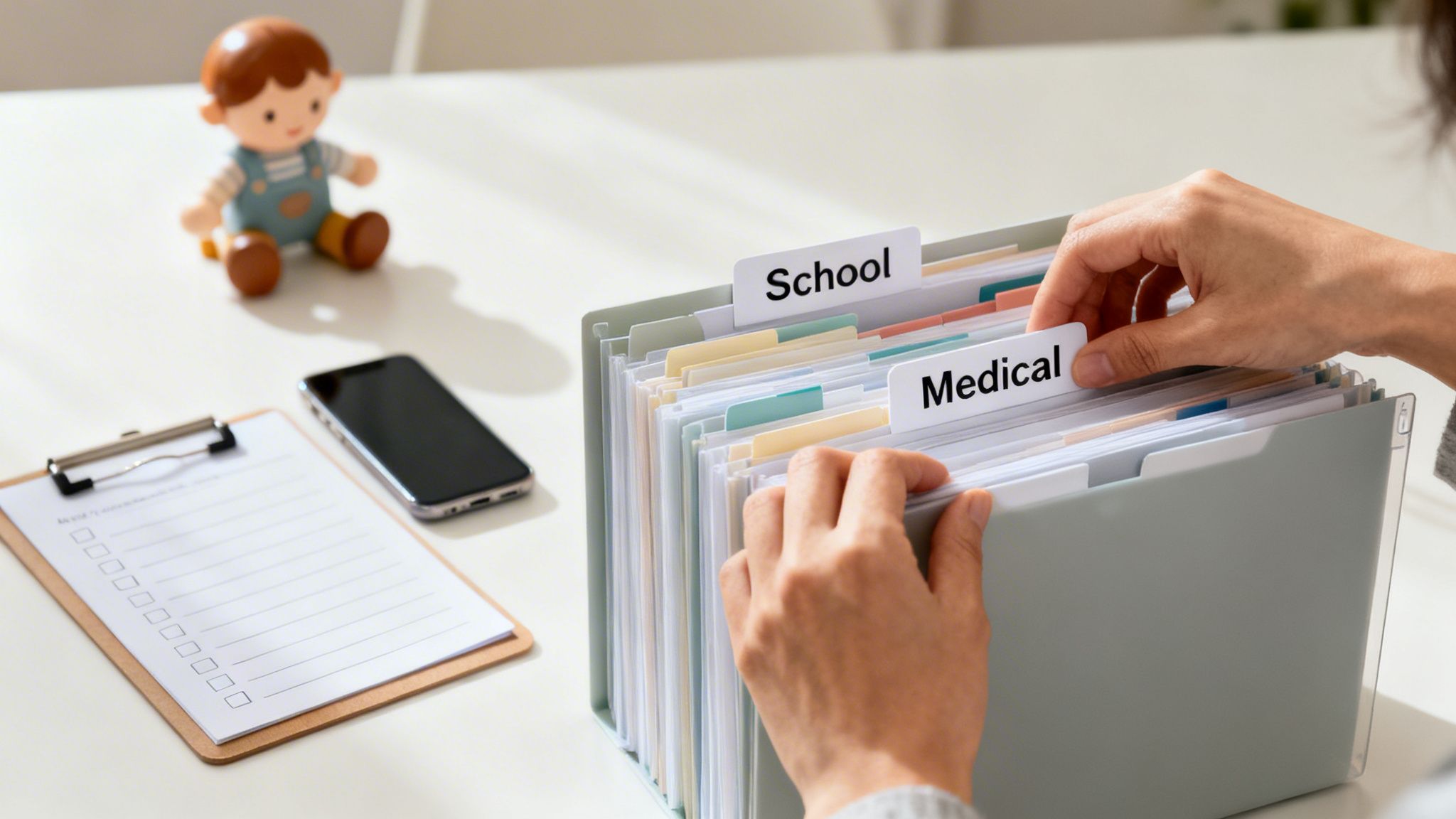 Hands organizing family documents in a file folder with 'School' and 'Medical' tabs on a desk.