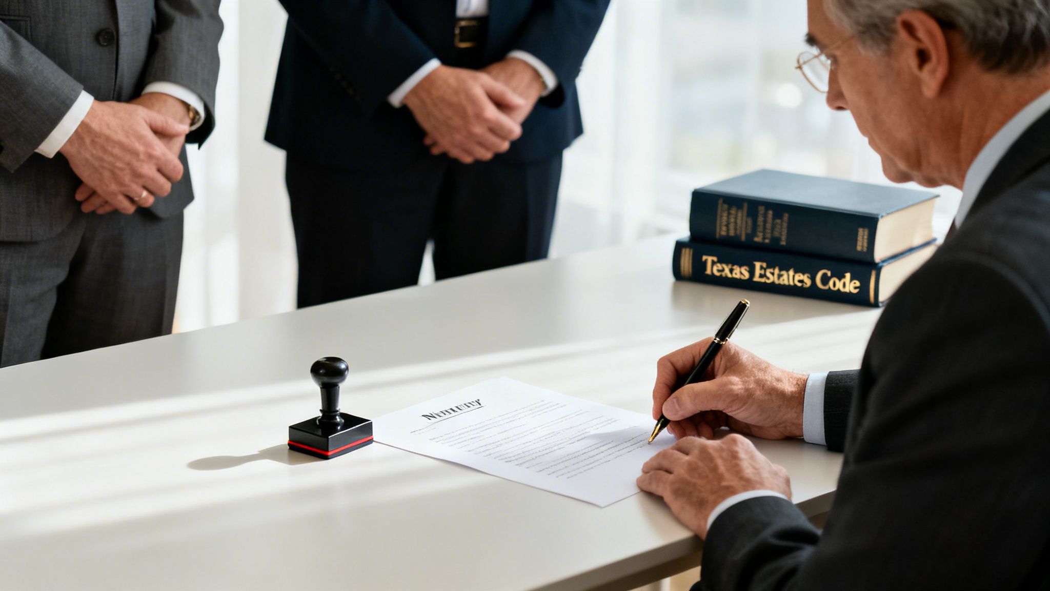 An older man signs a legal document with a notary stamp and legal books on the table.