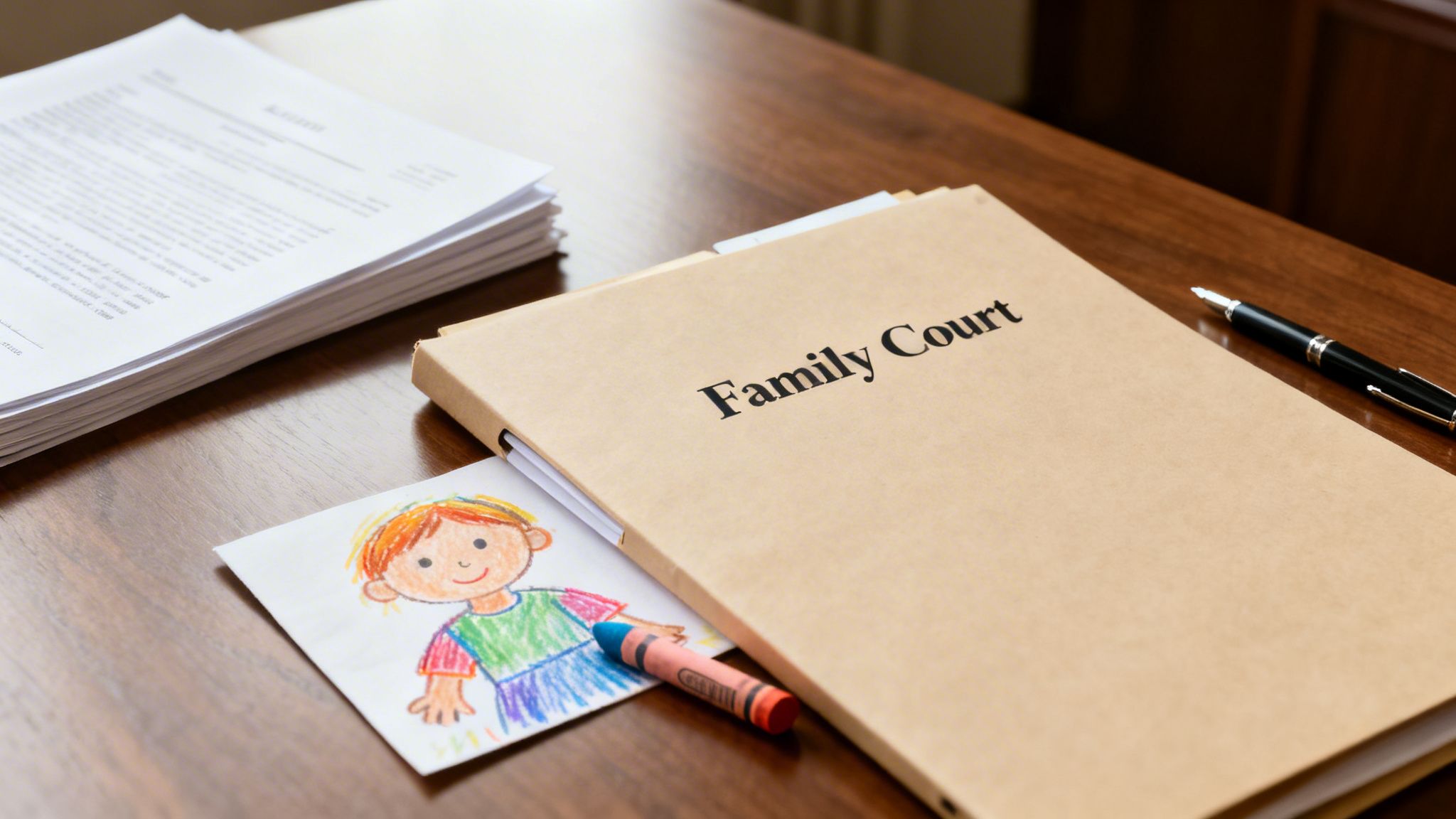 A Family Court folder, child's drawing, crayon, and documents on a wooden desk.