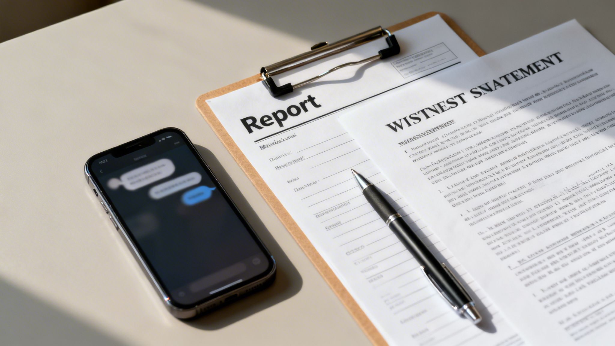A smartphone showing a chat conversation, a 'Report' document on a clipboard, and a pen on a desk.