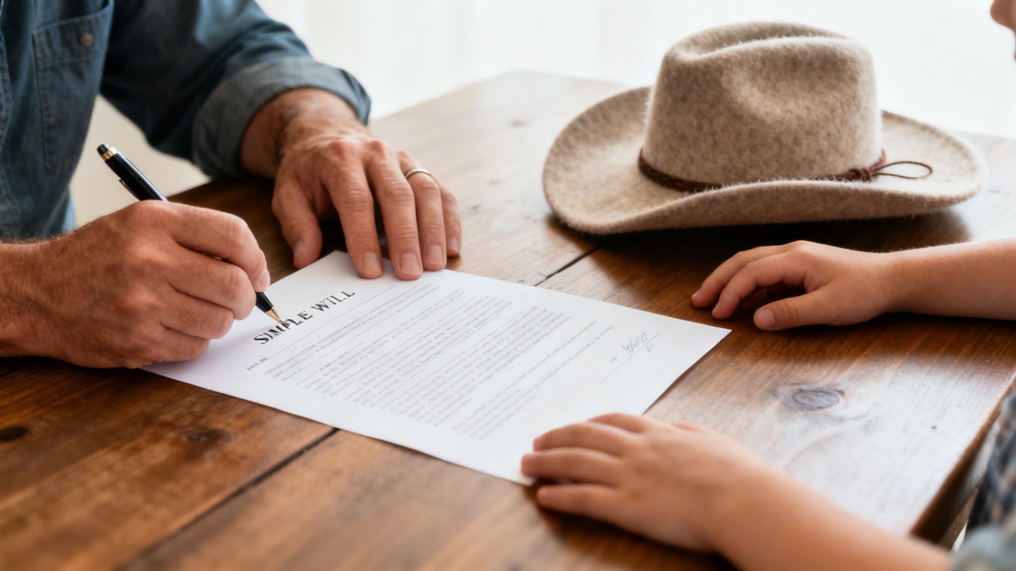 A person in a denim shirt signs a 'SIMPLE WILL' document on a wooden table next to a child's hand and a cowboy hat.