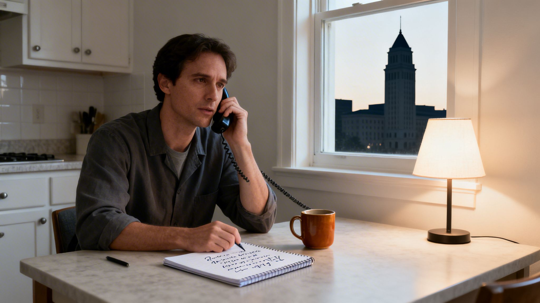 Man sits at a table on the phone, writing notes, with a city building visible outside.