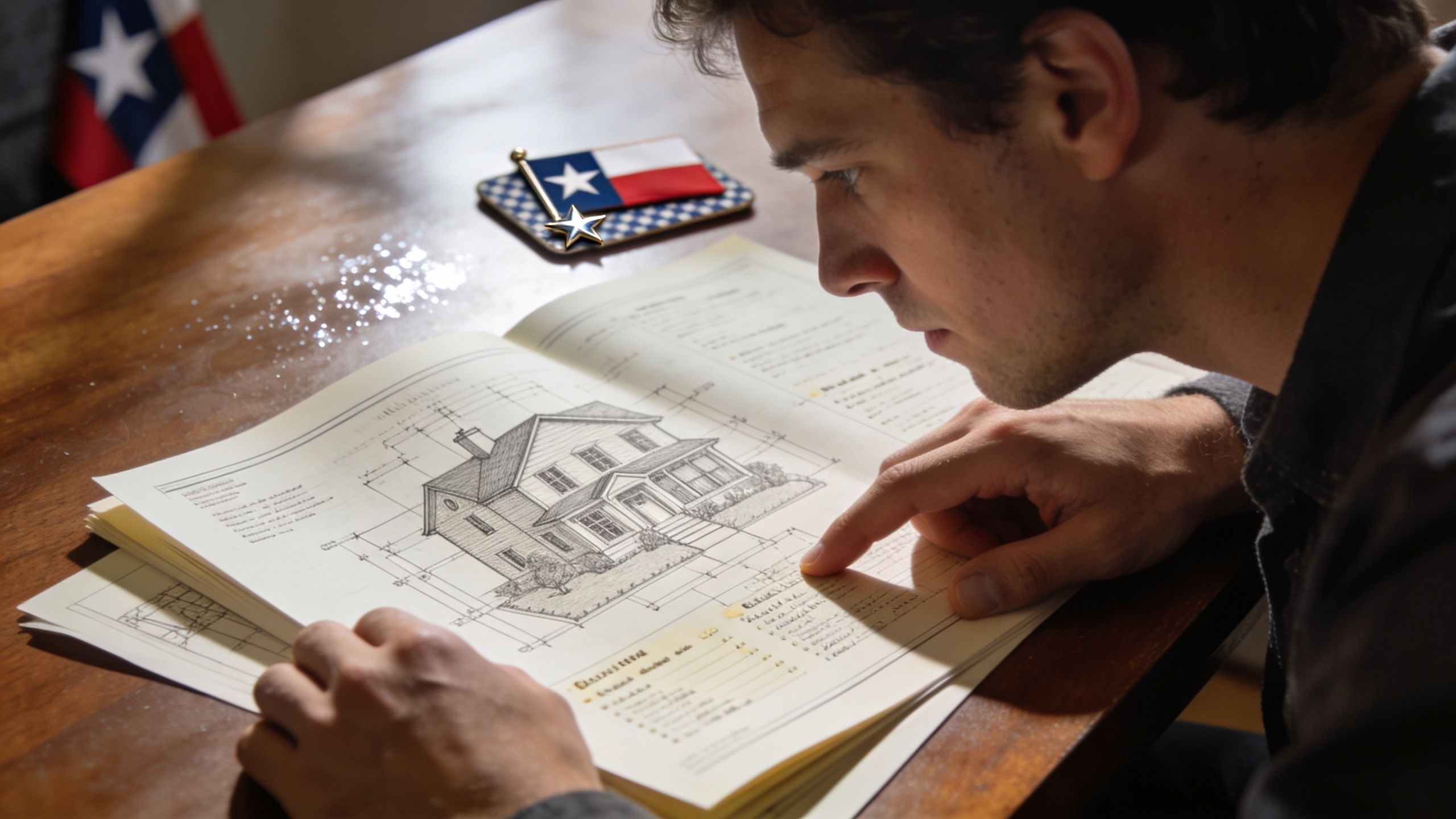 A man examines detailed architectural house plans while sitting at a desk with a Texas flag pin.