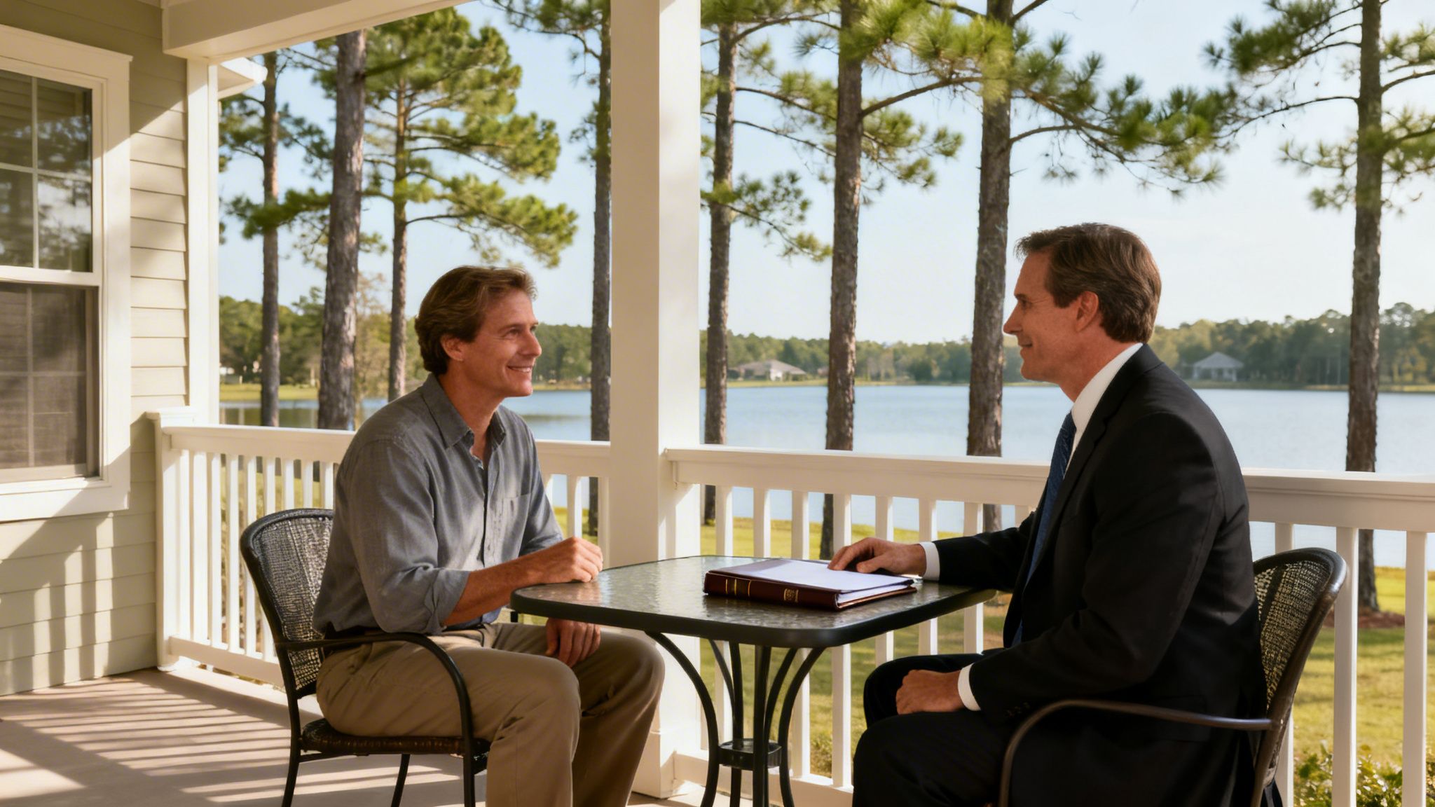 Two men, one in a suit and one casual, having a meeting on a porch by a lake.