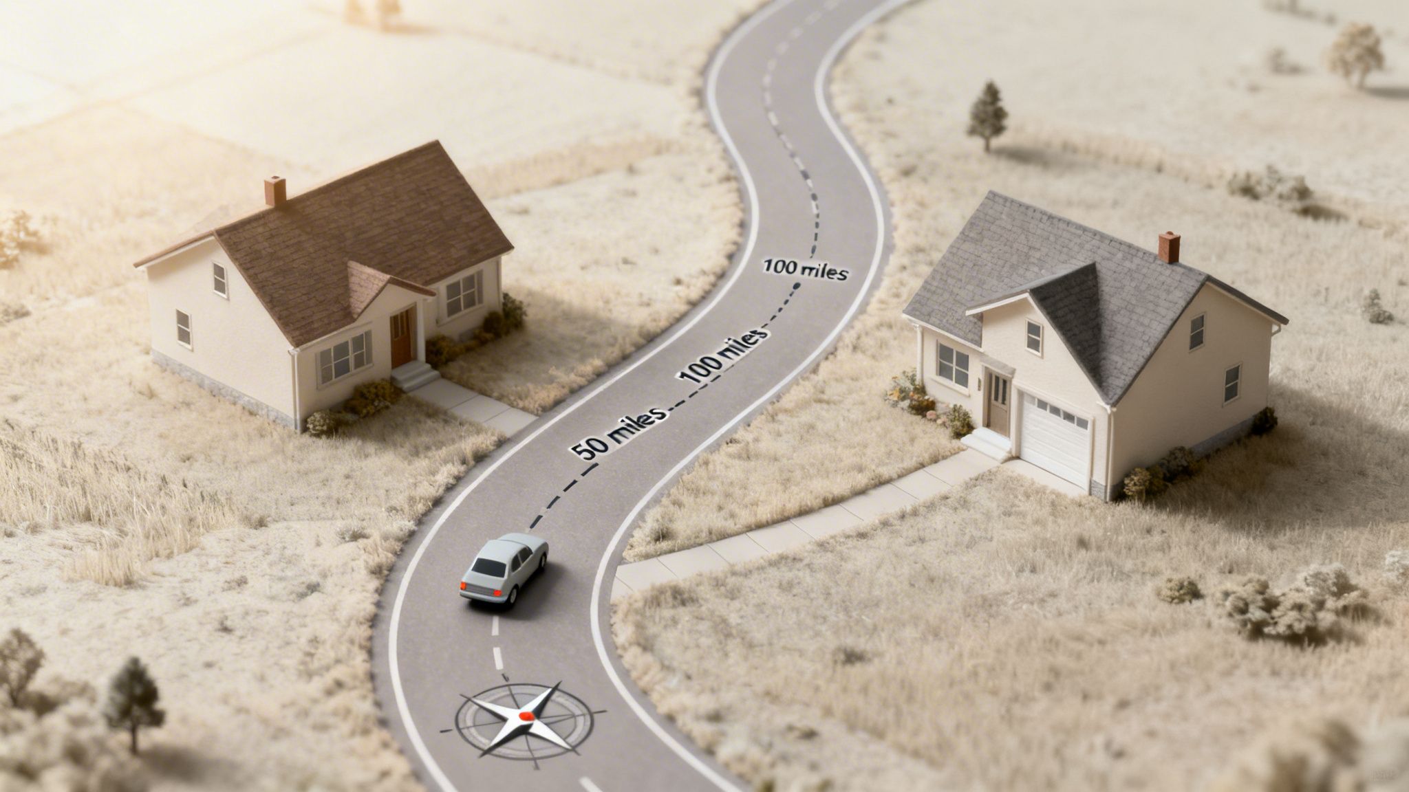 A miniature diorama shows a car on a winding road between two houses, marked with mileage.