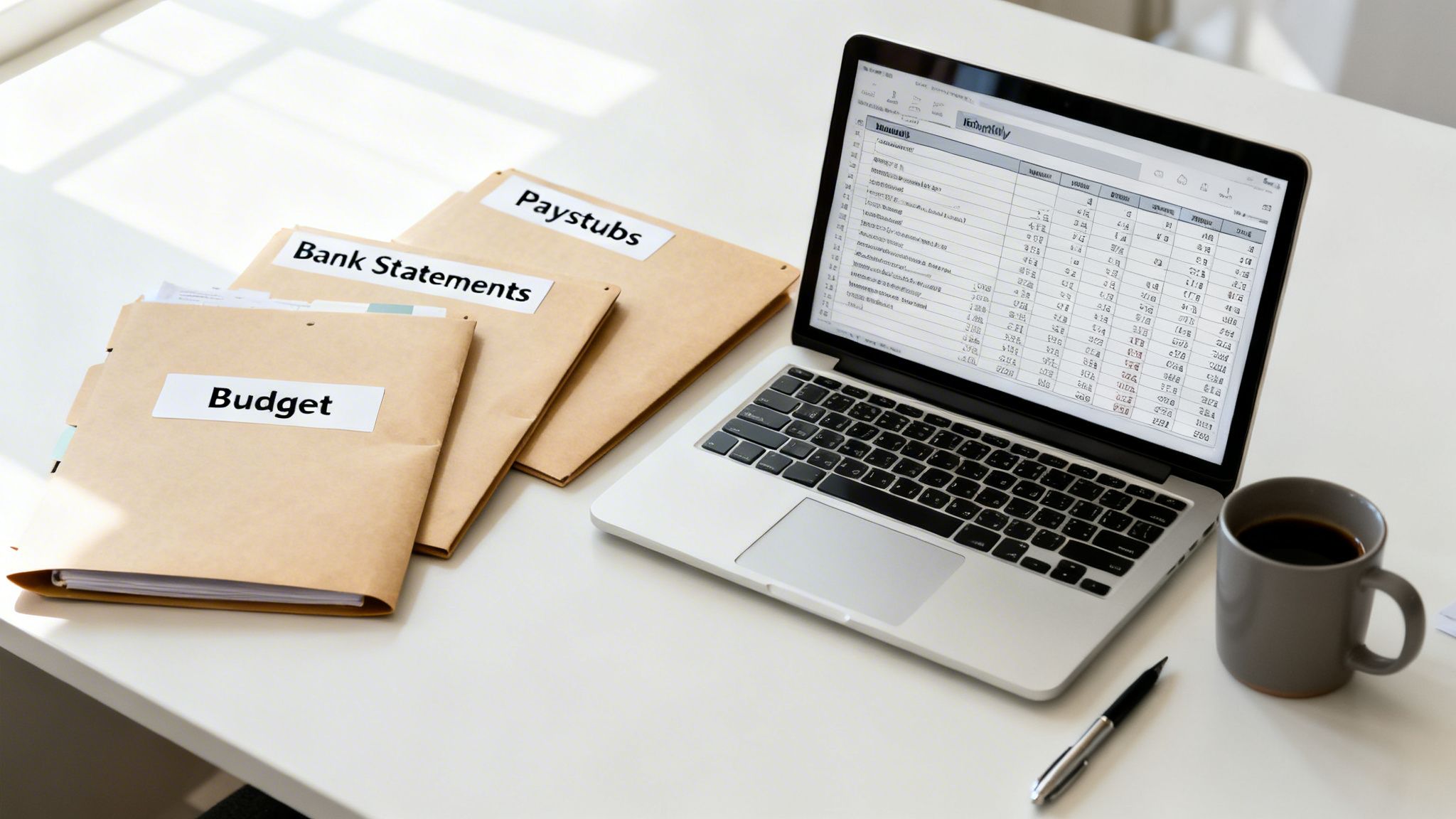 A desk with financial folders labeled Budget, Bank Statements, Paystubs, a laptop, coffee, and a pen.