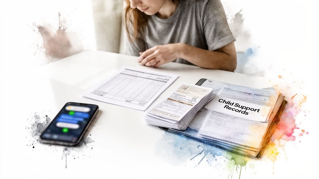 A person reviews child support records and other financial documents with a smartphone.
