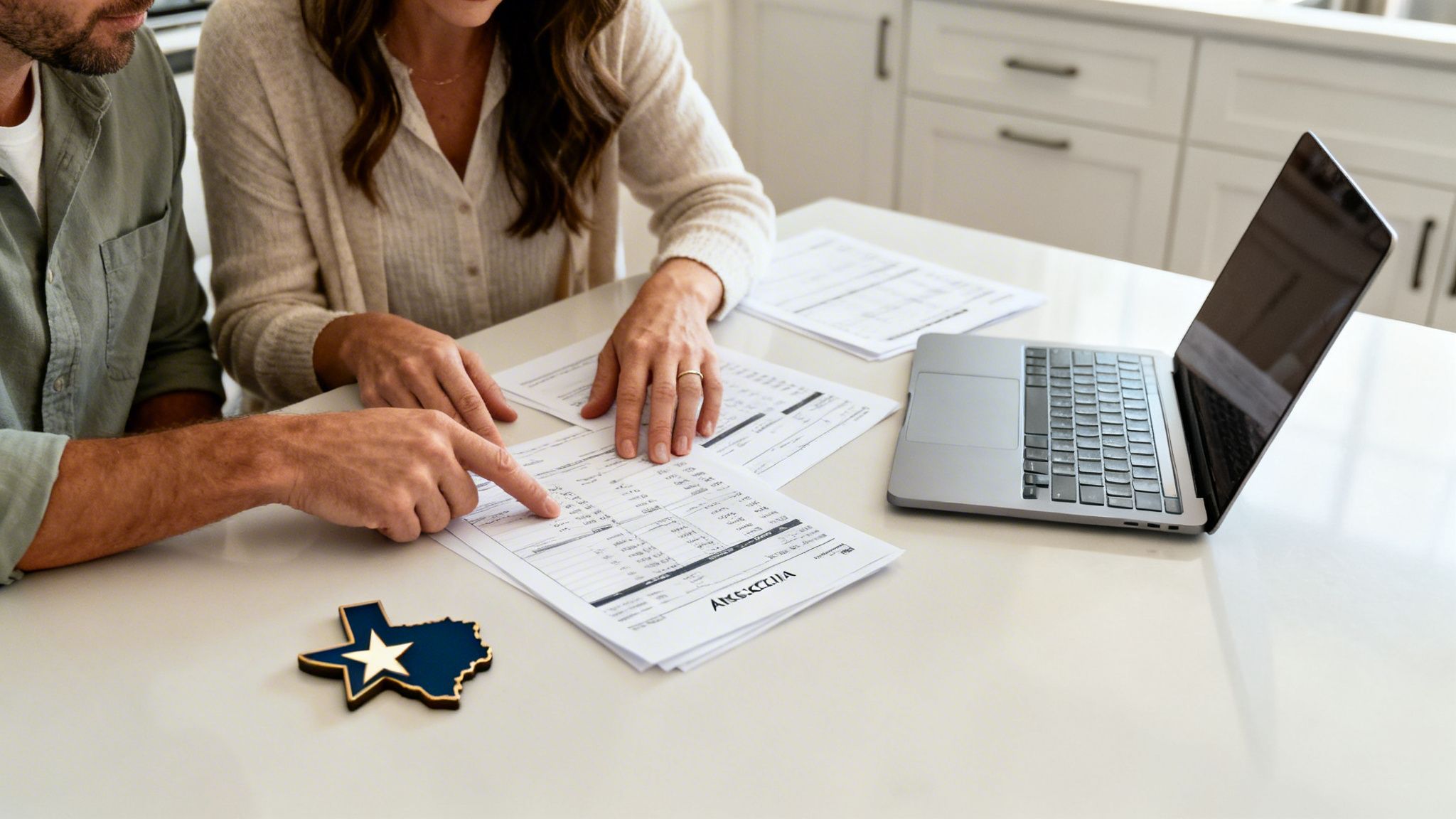 A couple reviews financial documents and a laptop on a white table with a Texas decor.