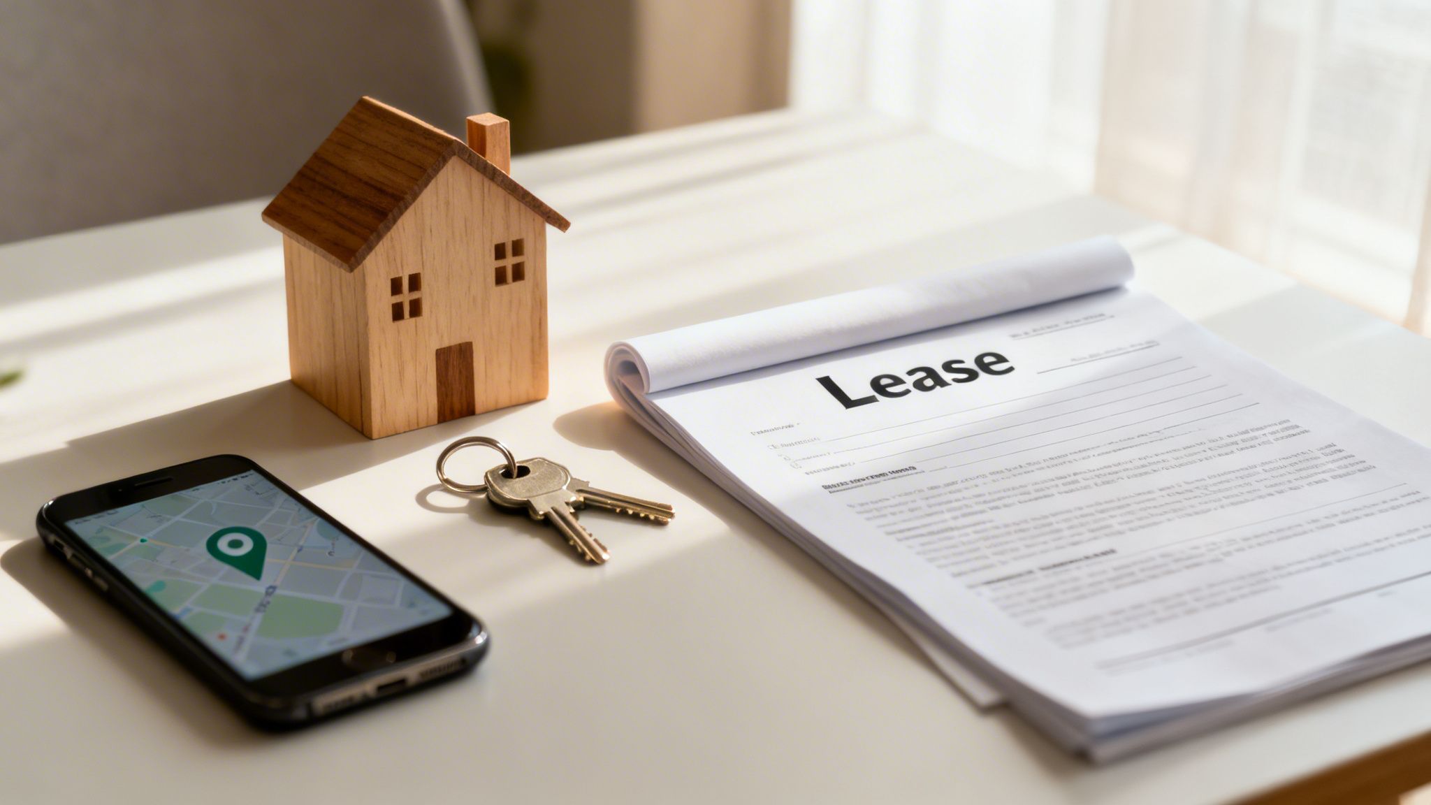 Real estate concept with a small wooden house, keys, smartphone map, and lease agreement.