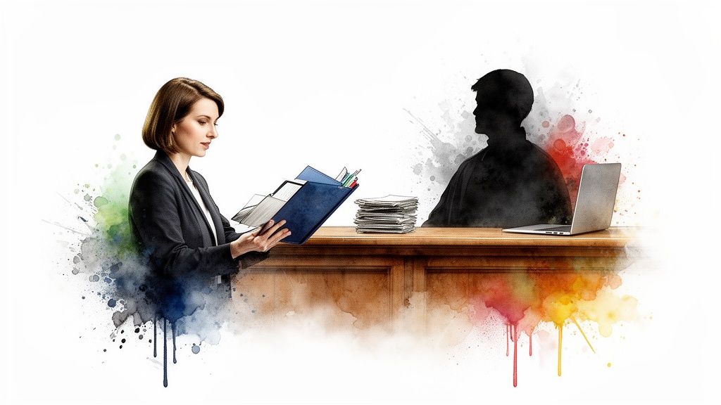 A female lawyer reviews a file, opposite a client's silhouette with a laptop.