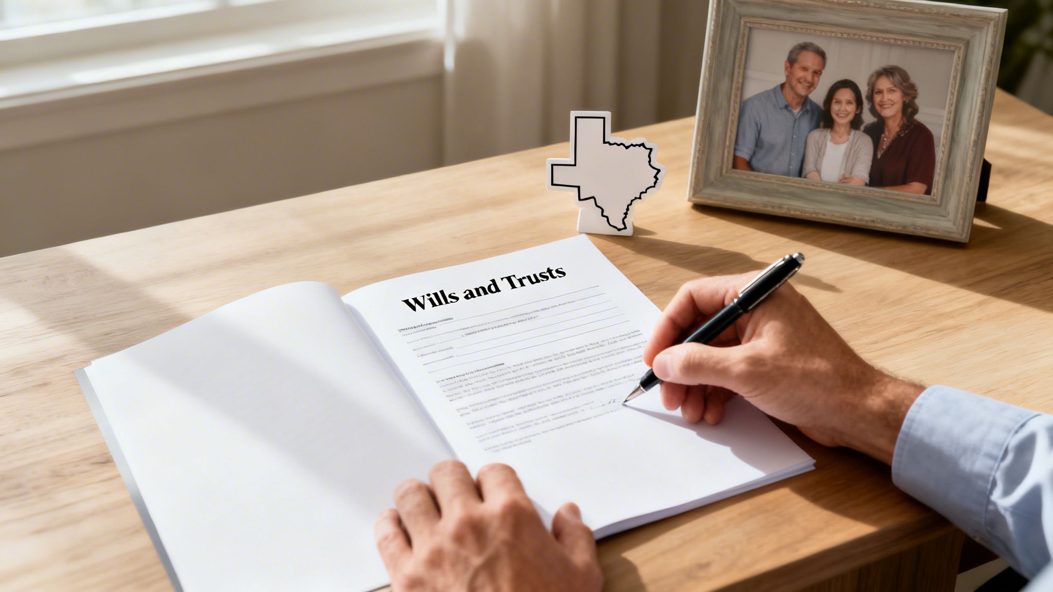 A person is signing a legal document titled 'Wills and Trusts' on a wooden desk, with a Texas map and a family photo in the background.