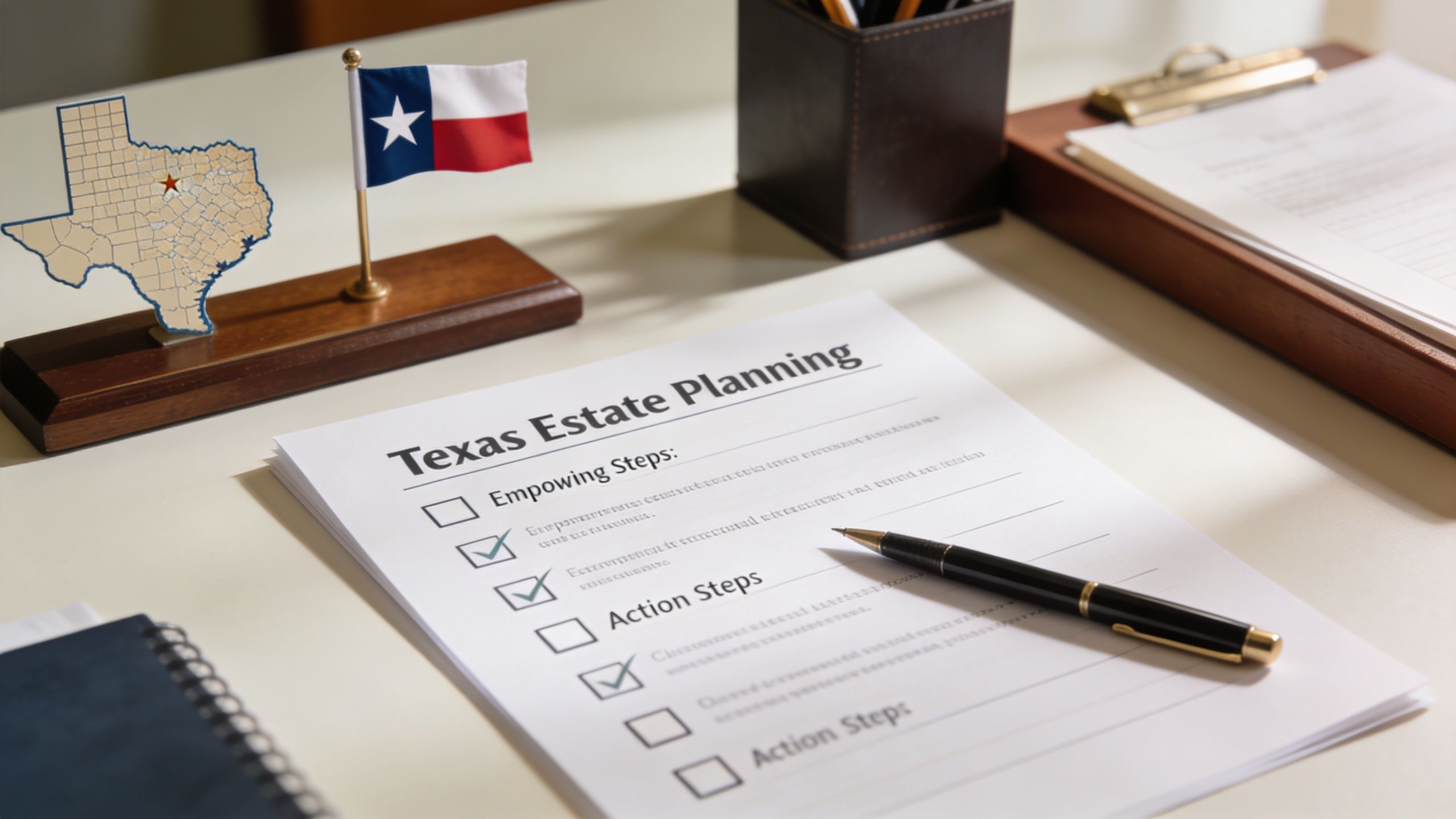 A professional desk featuring a Texas estate planning document with a pen and a state flag.