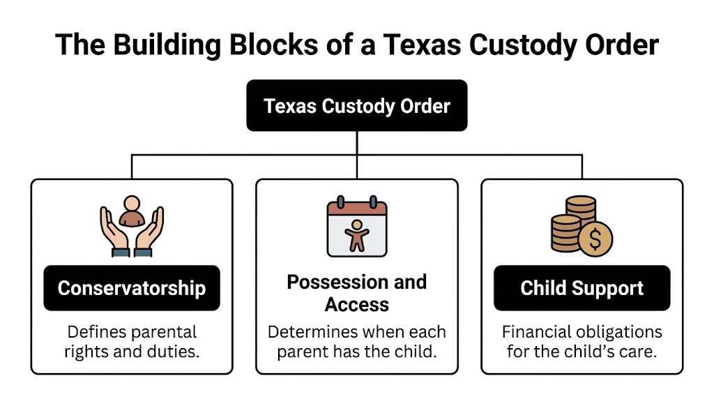 A diagram outlining the three main building blocks of a Texas custody order: conservatorship, possession, and support.