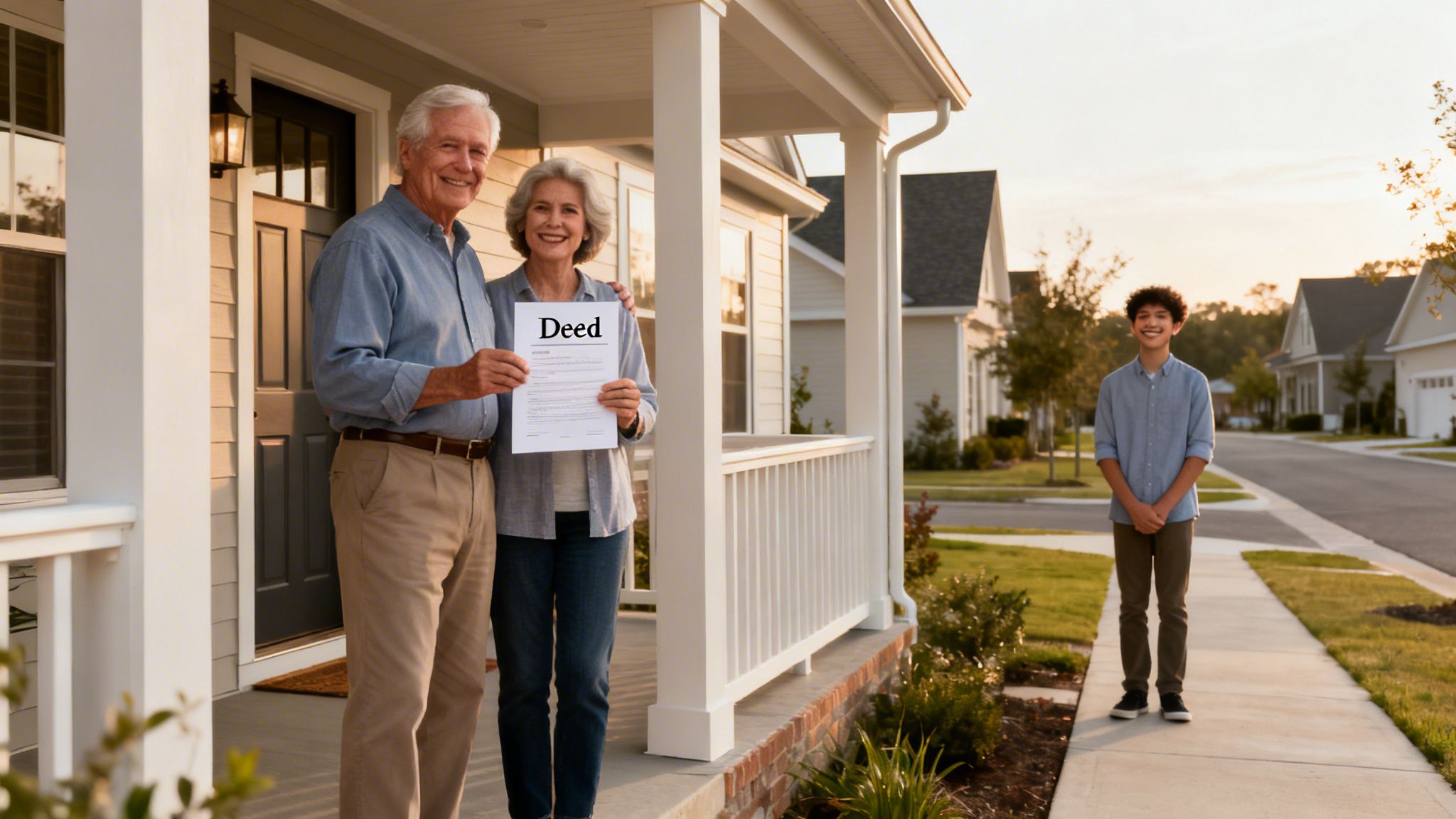 An older couple smiles holding a deed document on their new home's porch with a young boy.