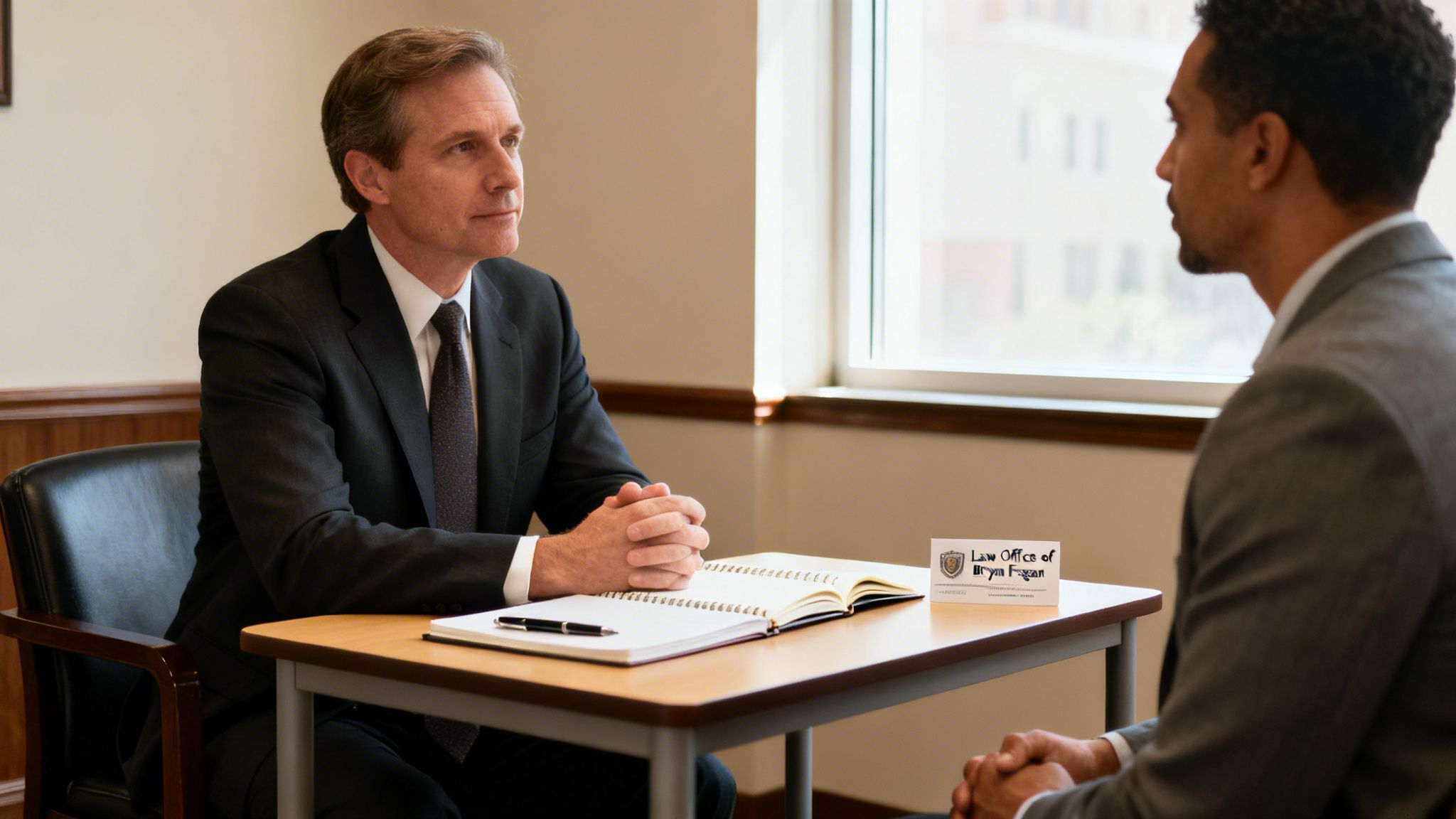 A lawyer in a suit sits at a desk, looking at a client during a legal consultation in an office.