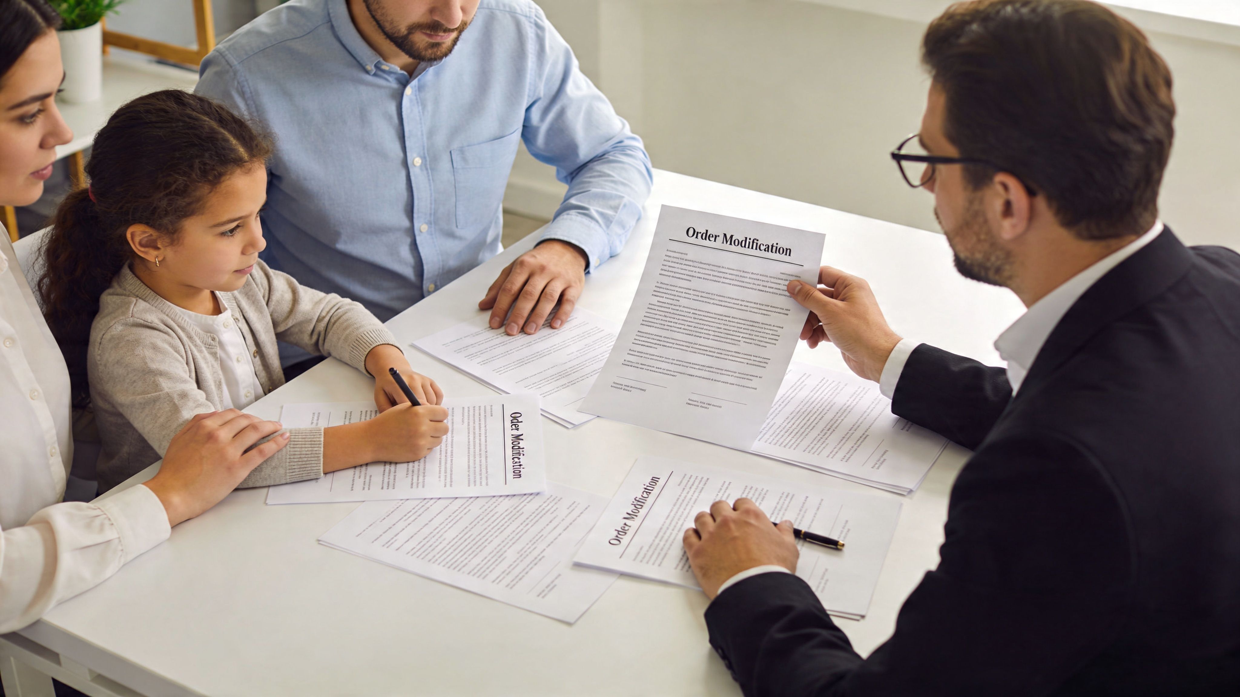 A family consulting with a lawyer about legal documents for child support and order modification.