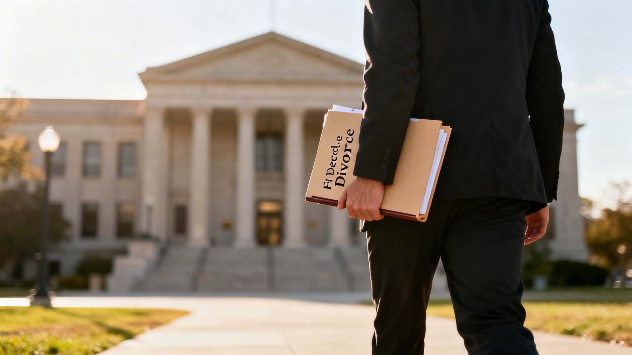 A person in a suit holds a 'Divorce' folder, walking towards a courthouse.