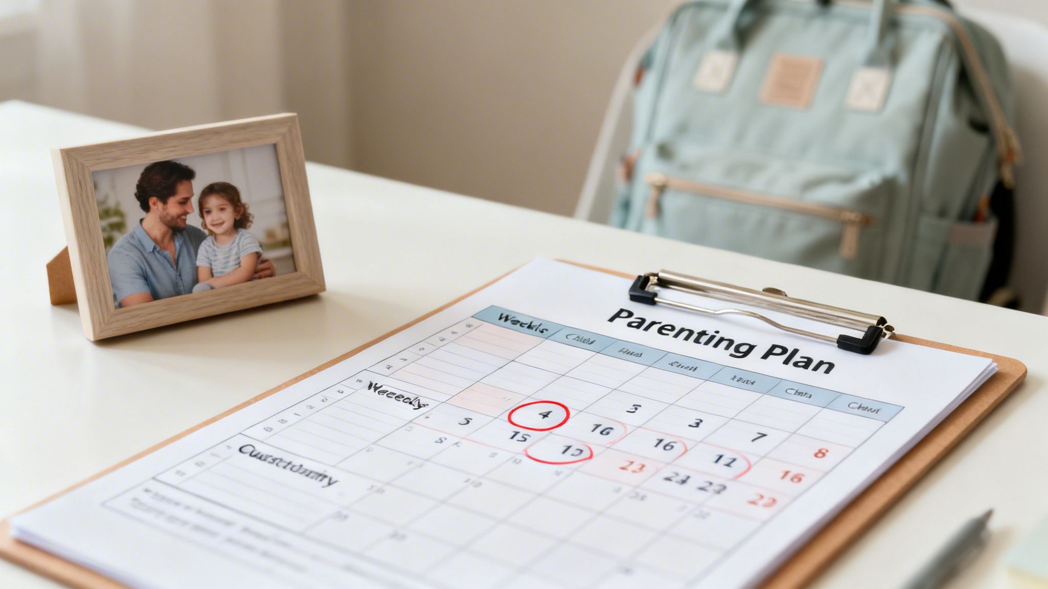 A parenting plan document on a clipboard next to a framed photo of a father and daughter.